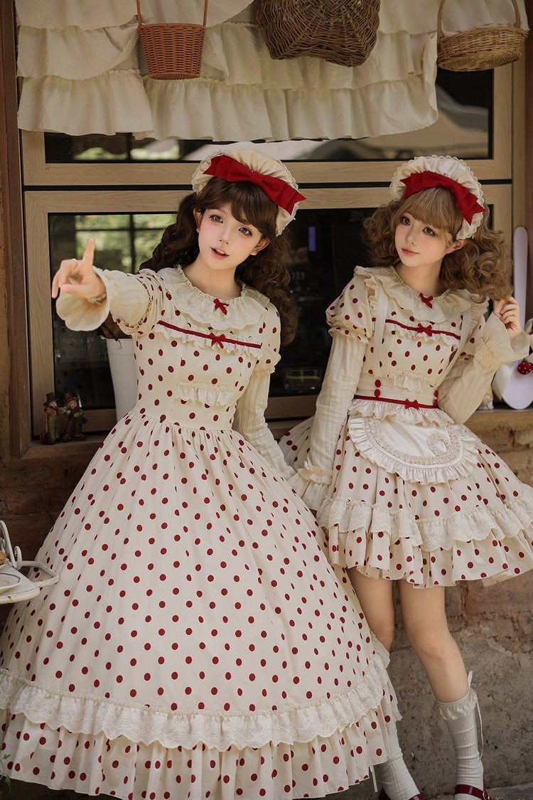 Lollipop Apricot Cotton Polka Dot Lantern Sleeve Sweet Lolita OP Dress - LolitaEra