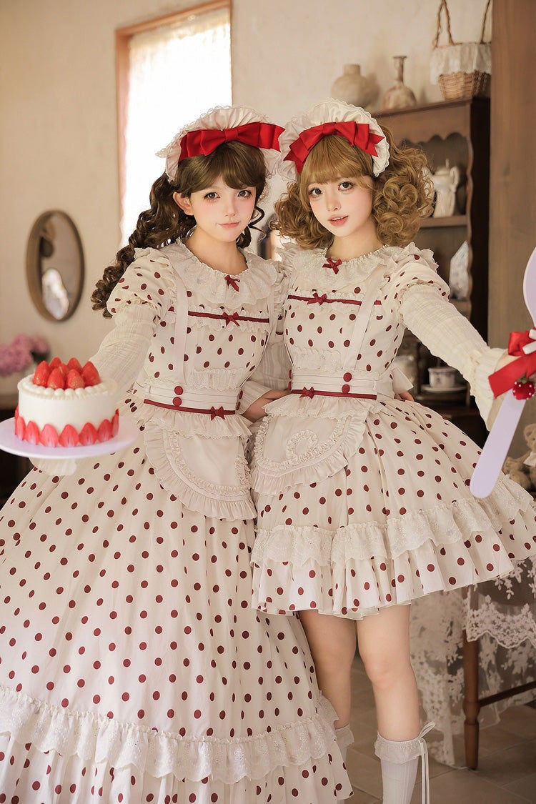 Lollipop Apricot Cotton Polka Dot Lantern Sleeve Sweet Lolita OP Dress - LolitaEra