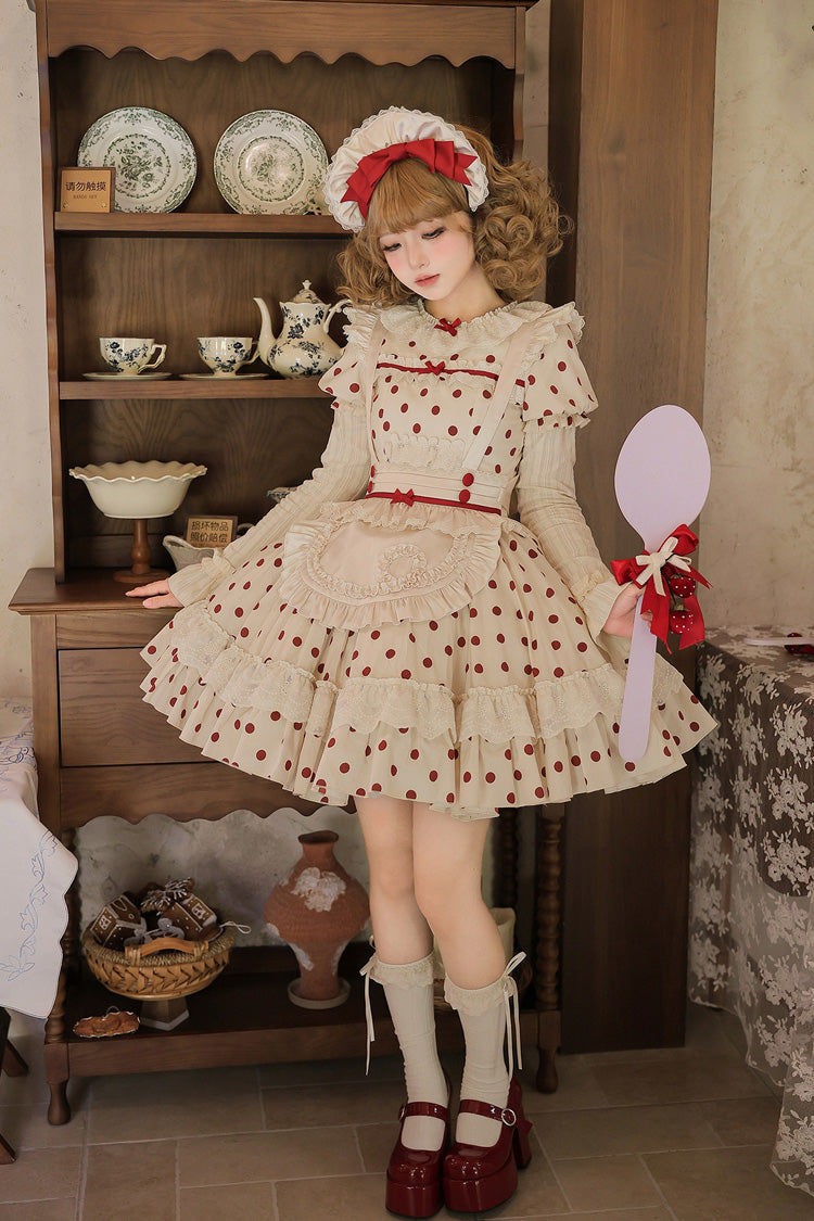 Lollipop Apricot Cotton Polka Dot Lantern Sleeve Sweet Lolita OP Dress - LolitaEra