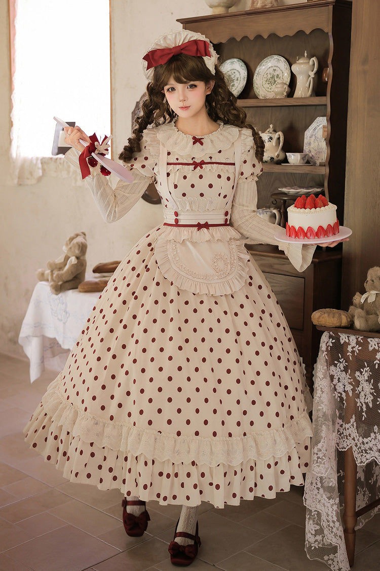 Lollipop Apricot Cotton Polka Dot Lantern Sleeve Sweet Lolita OP Dress - LolitaEra