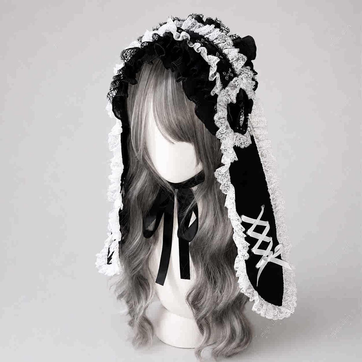 Long Ear Bunny Doll Lace Gothic Lolita Headband with Paw Heart Hair Clip - LolitaEra