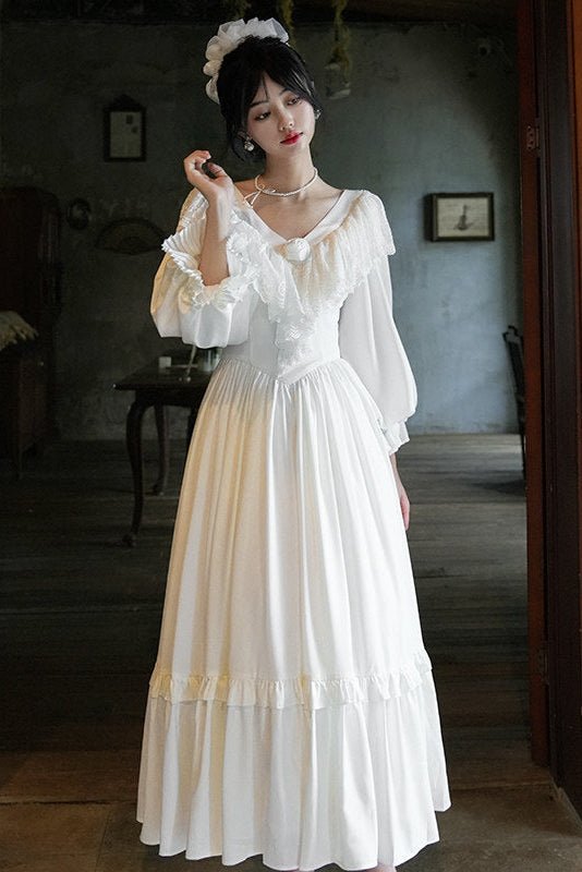 Lunar Goddess Court Vintage Satin White Dress 1271 - LolitaEraWhite DressSLunar Goddess Court Vintage Satin White Dress 1271