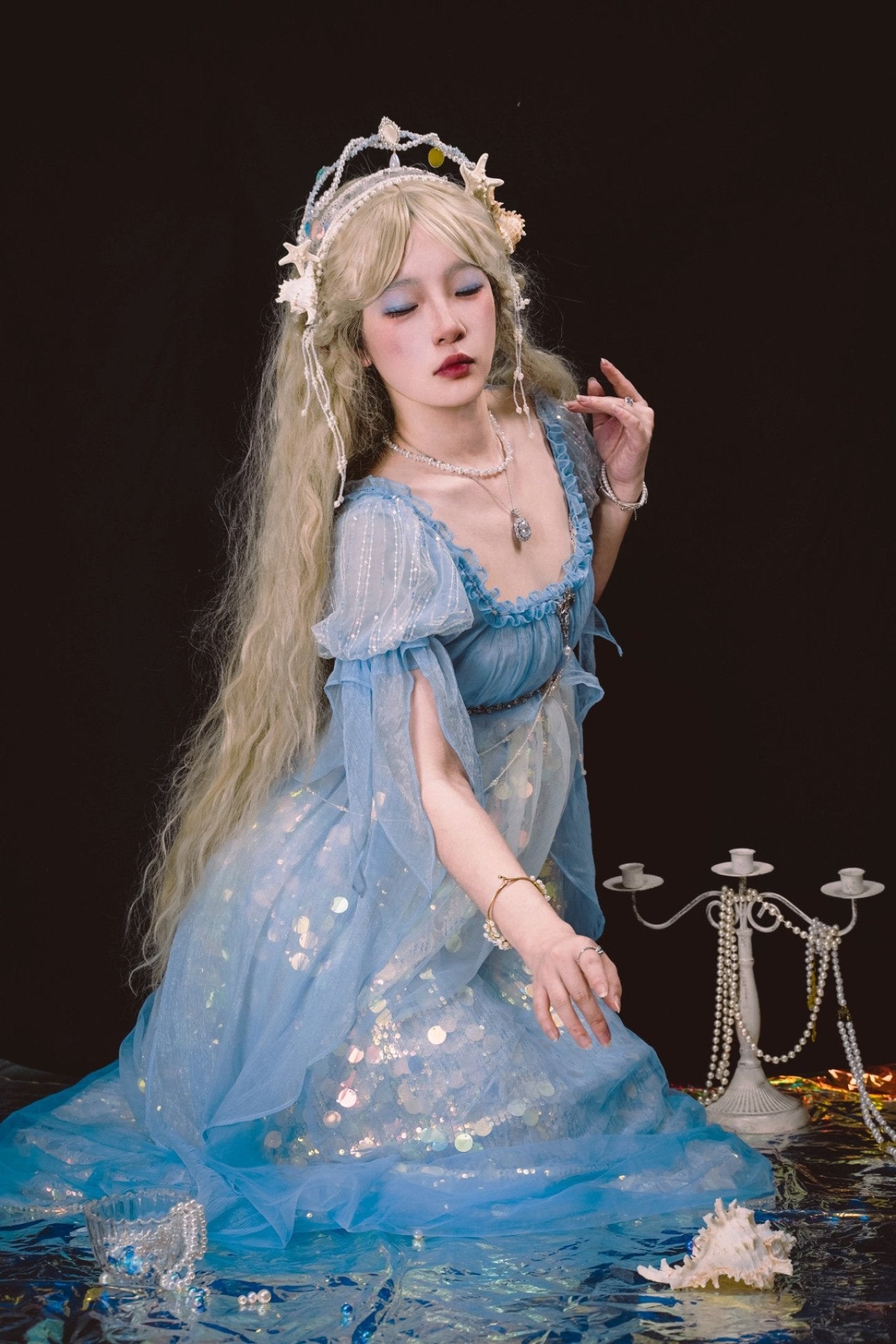 Mermaid Ode Empire Waist Blue Gown - LolitaEraBlue (Short Length)SMermaid Ode Empire Waist Blue Gown