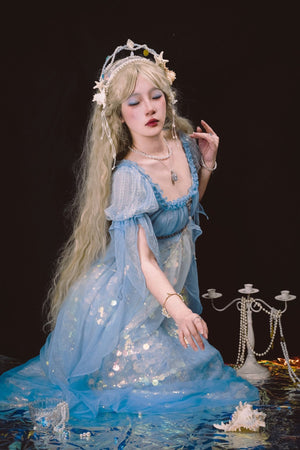 Mermaid Ode Empire Waist Blue Gown - LolitaEraBlue (Short Length)SMermaid Ode Empire Waist Blue Gown