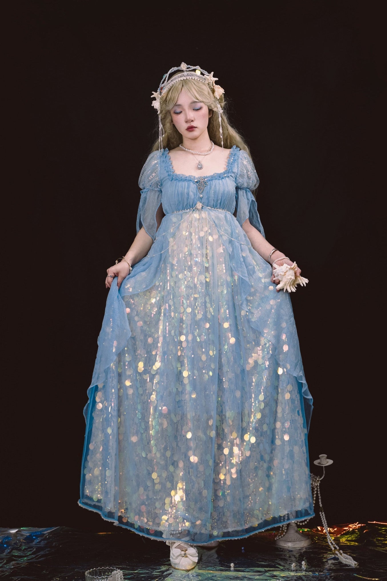 Mermaid Ode Empire Waist Blue Gown - LolitaEraBlue (Short Length)SMermaid Ode Empire Waist Blue Gown