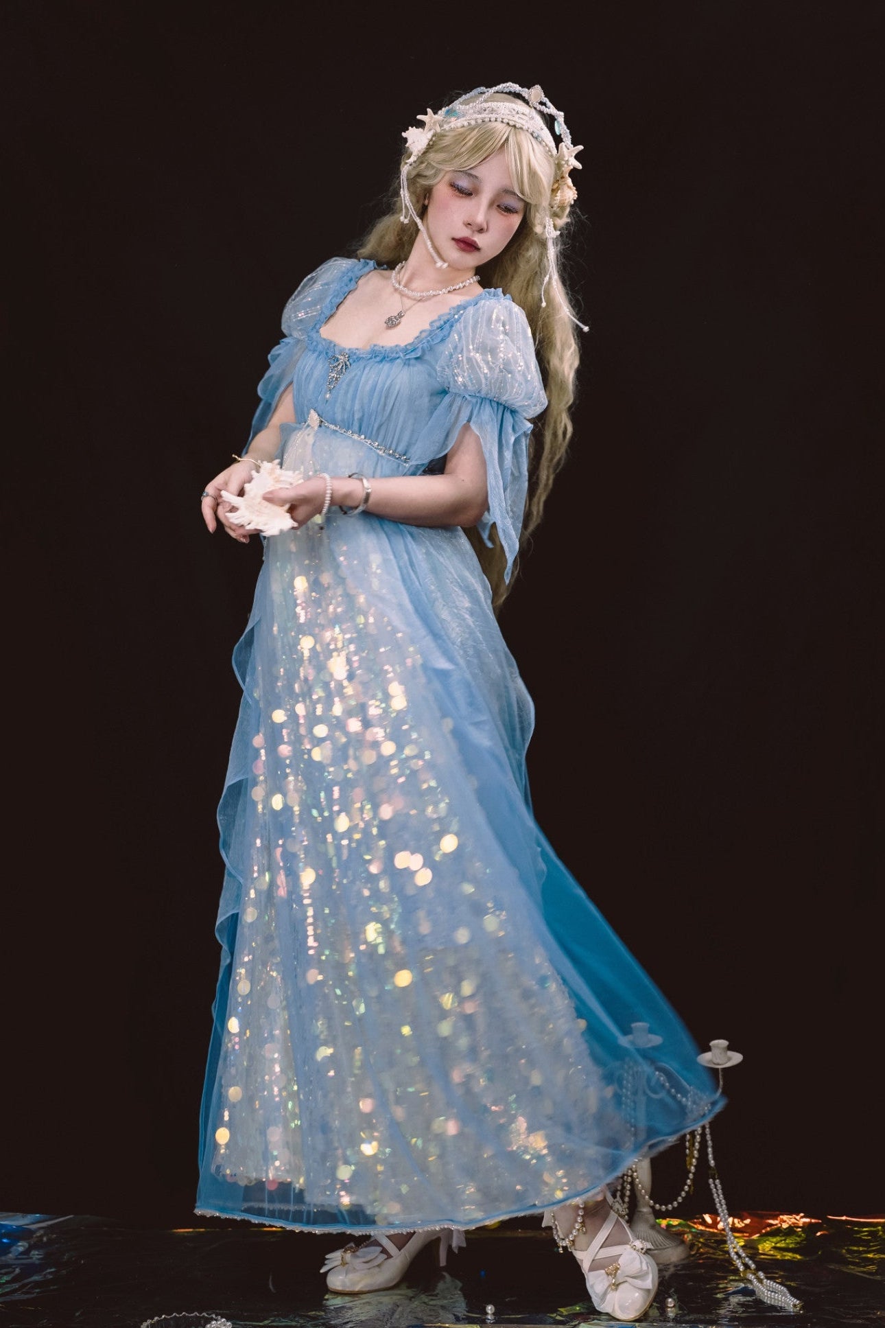 Mermaid Ode Empire Waist Blue Gown - LolitaEraBlue (Short Length)SMermaid Ode Empire Waist Blue Gown