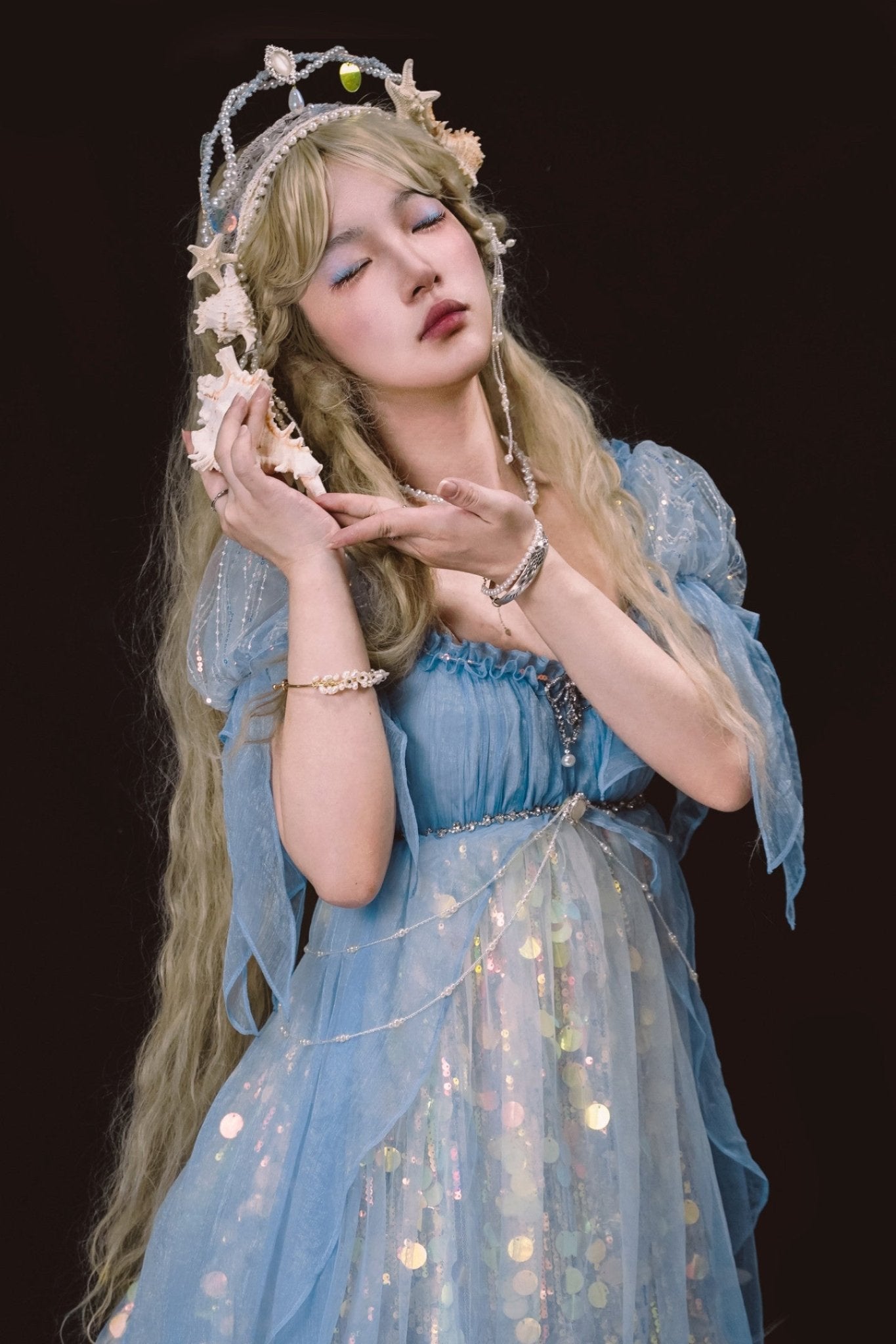 Mermaid Ode Empire Waist Blue Gown - LolitaEraBlue (Short Length)SMermaid Ode Empire Waist Blue Gown