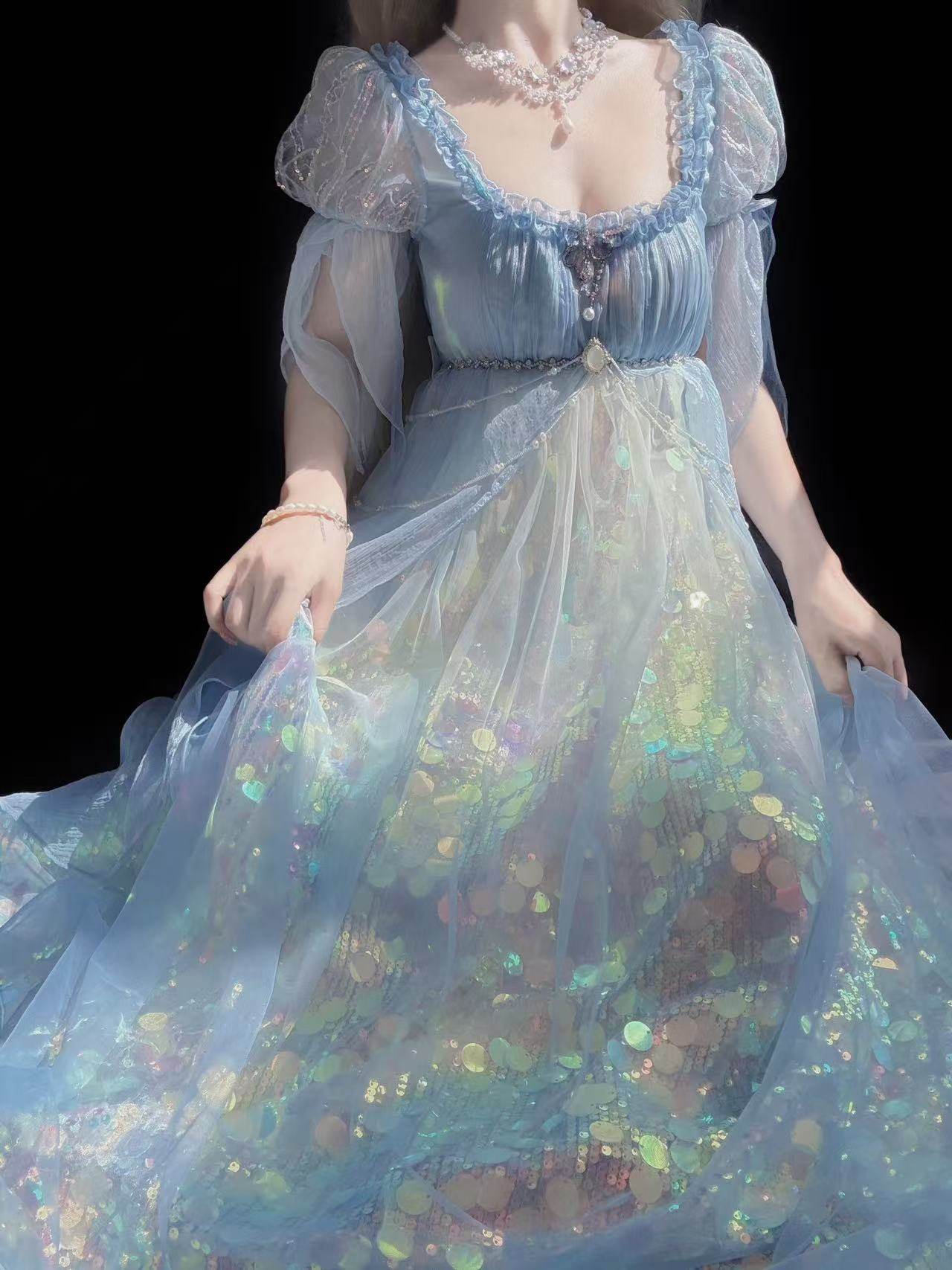 Mermaid Ode Empire Waist Blue Gown - LolitaEraBlue (Short Length)SMermaid Ode Empire Waist Blue Gown