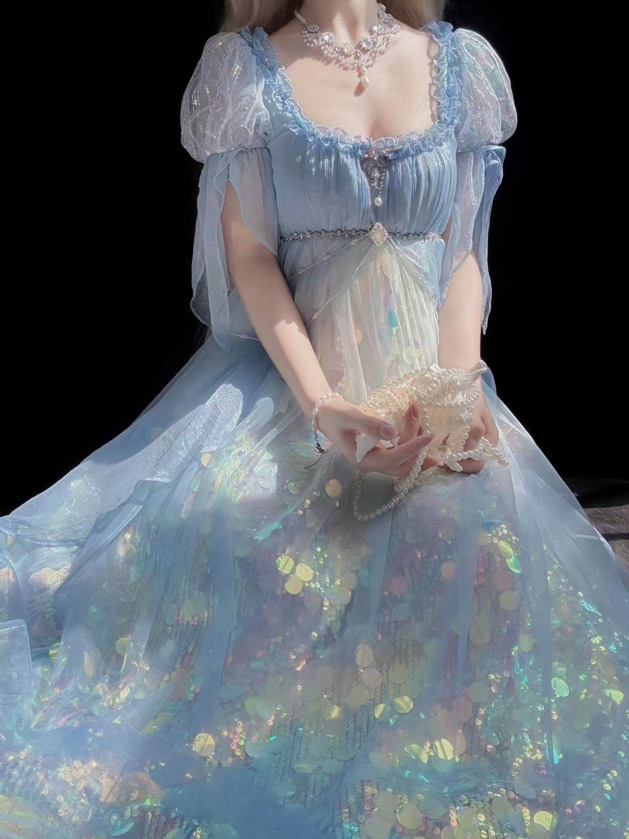 Mermaid Ode Empire Waist Blue Gown - LolitaEraBlue (Short Length)SMermaid Ode Empire Waist Blue Gown