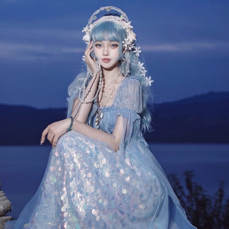 Mermaid Ode Empire Waist Blue Gown - LolitaEraBlue (Short Length)SMermaid Ode Empire Waist Blue Gown