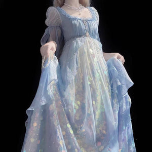 Mermaid Ode Empire Waist Blue Gown - LolitaEraBlue (Short Length)SMermaid Ode Empire Waist Blue Gown