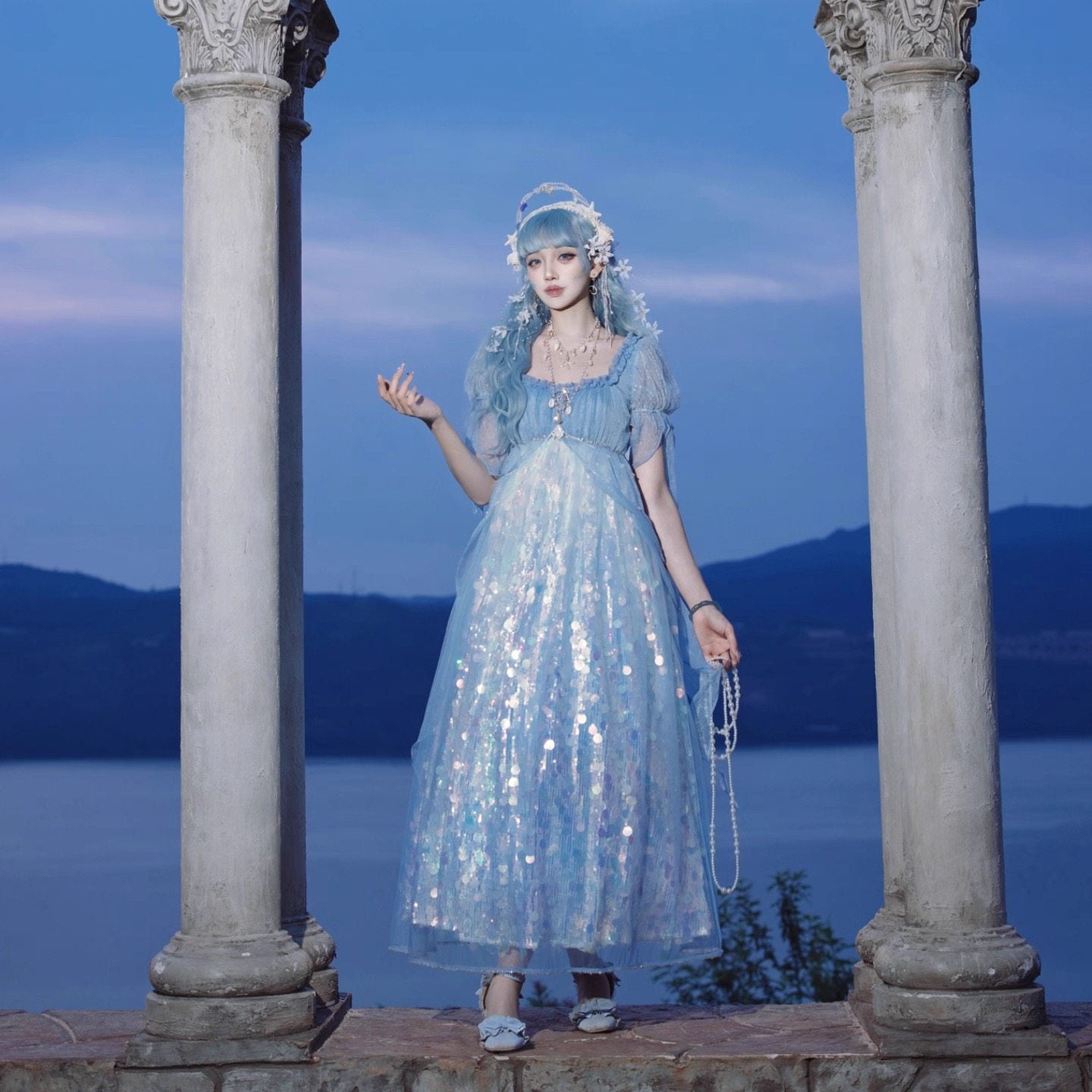 Mermaid Ode Empire Waist Blue Gown - LolitaEraBlue (Short Length)SMermaid Ode Empire Waist Blue Gown