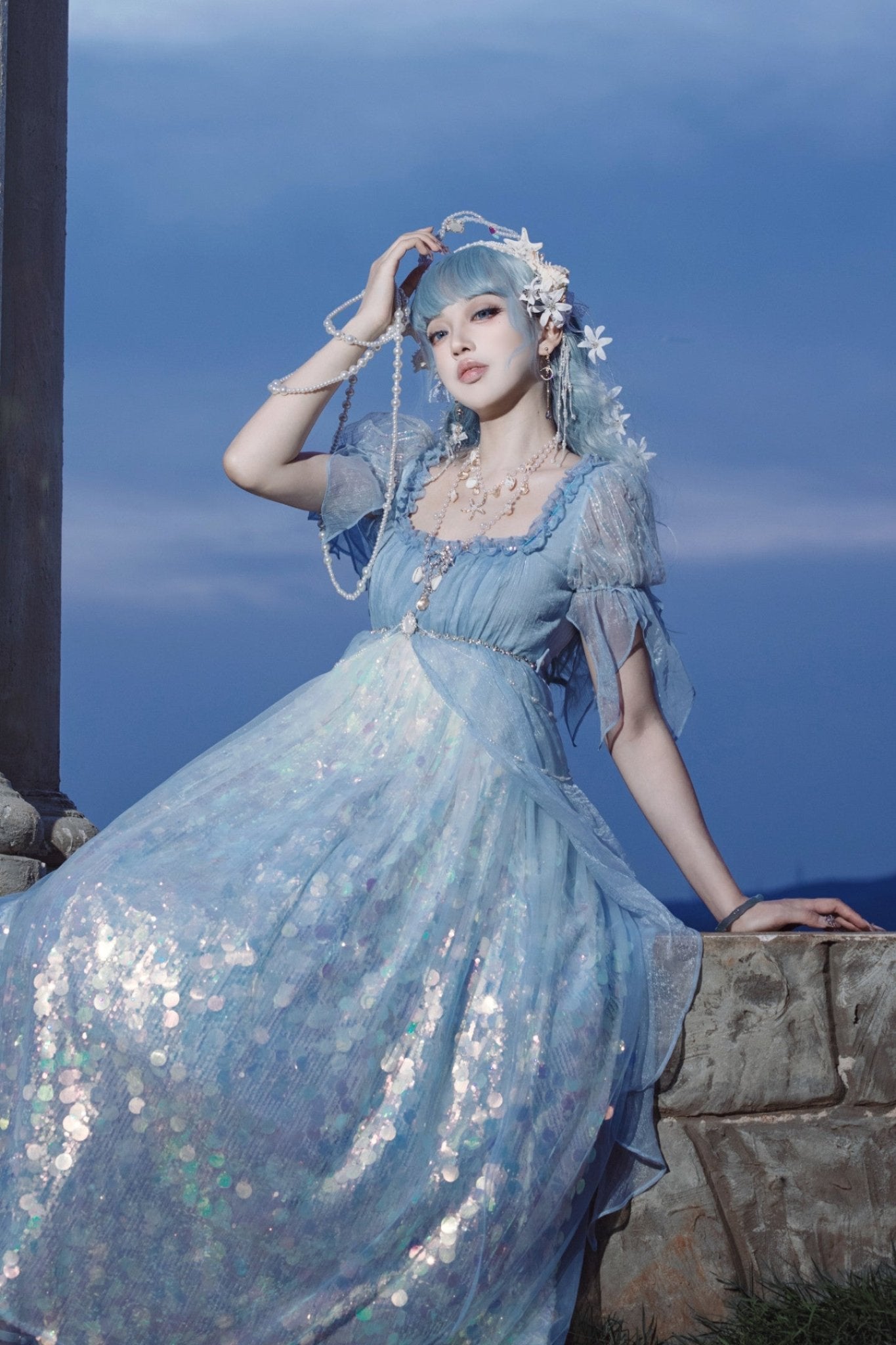 Mermaid Ode Empire Waist Blue Gown - LolitaEraBlue (Short Length)SMermaid Ode Empire Waist Blue Gown