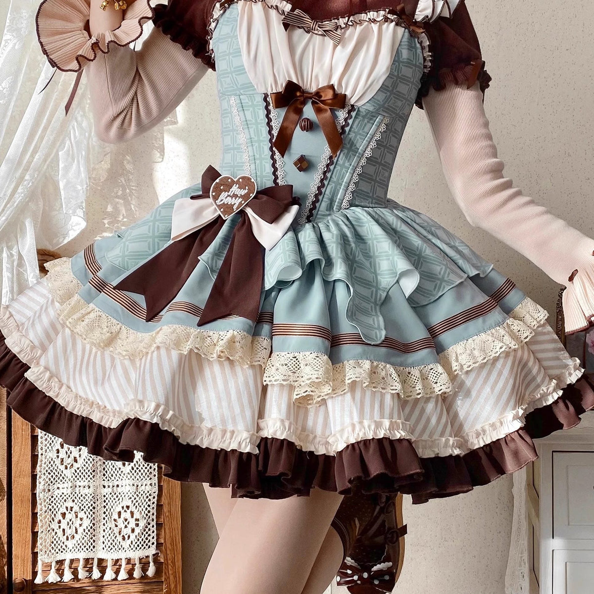 Mint Chocolate Frou Frou Brown Blue Bustle Petticoat JSK KC Sweet Lolita Dress - LolitaEra