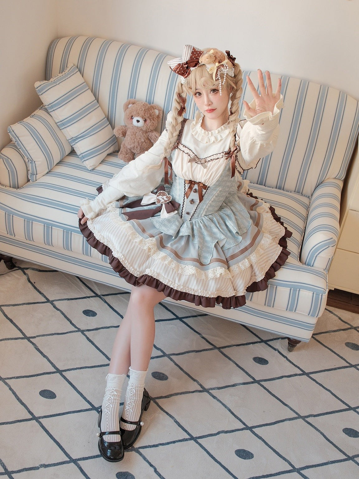 Mint Chocolate Frou Frou Brown Blue Bustle Petticoat JSK KC Sweet Lolita Dress - LolitaEra