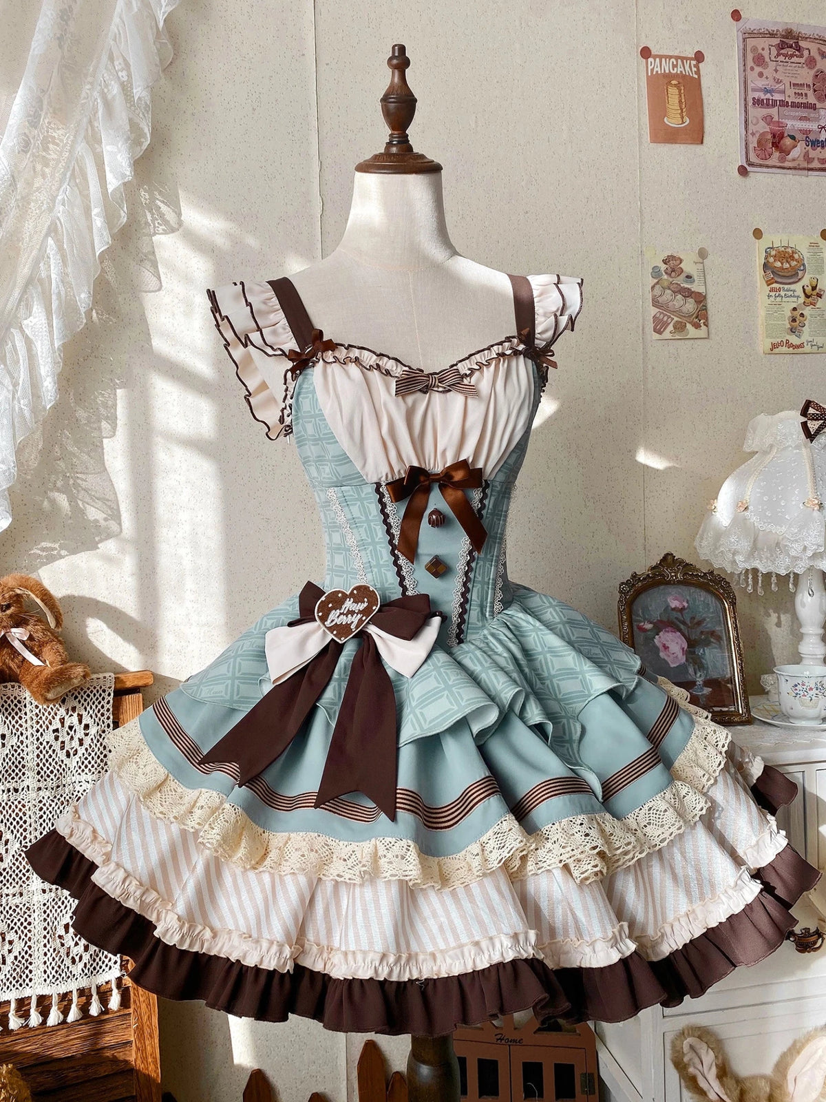 Mint Chocolate Frou Frou Brown Blue Bustle Petticoat JSK KC Sweet Lolita Dress - LolitaEra