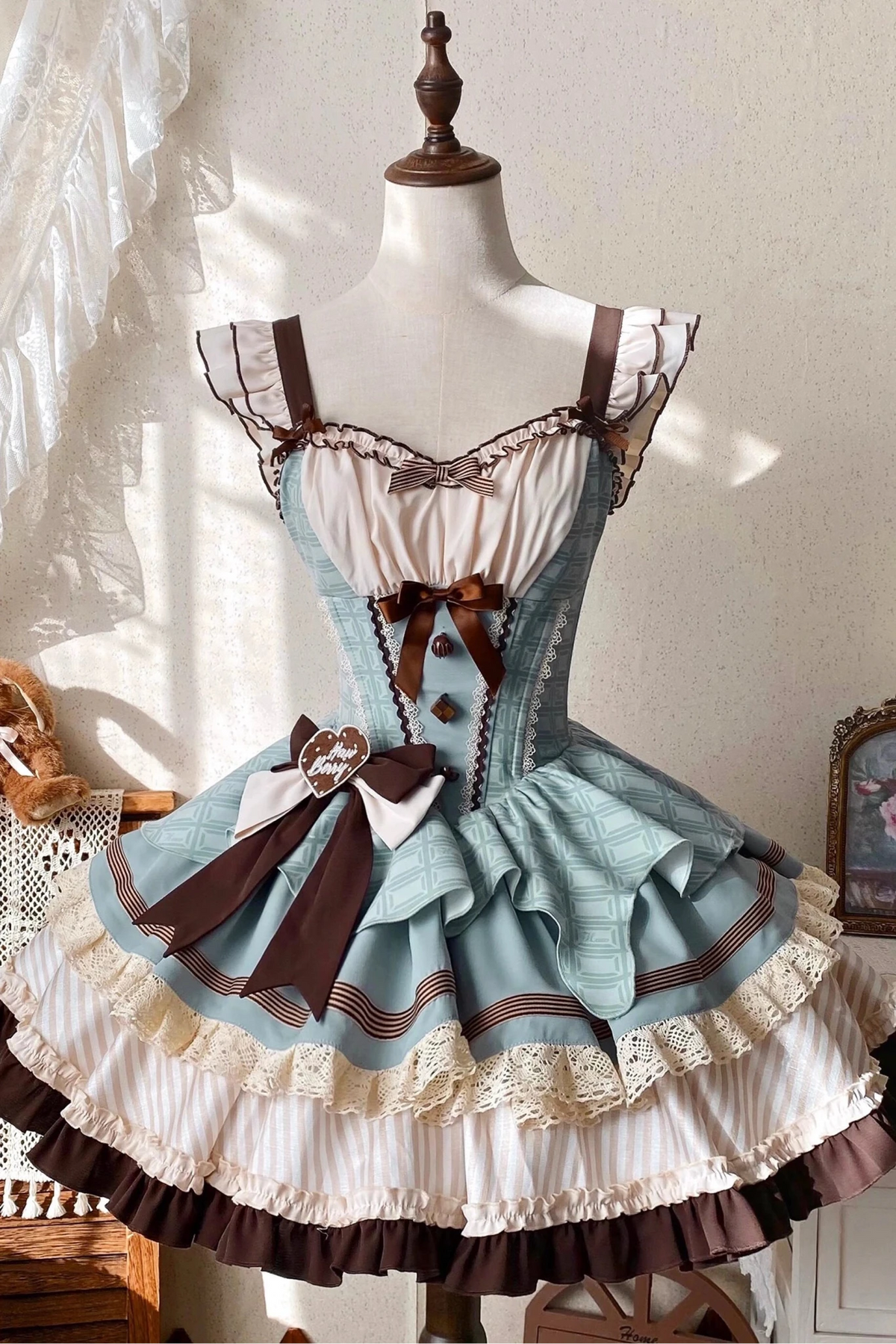 Mint Chocolate Frou Frou Brown Blue Bustle Petticoat JSK KC Sweet Lolita Dress - LolitaEra