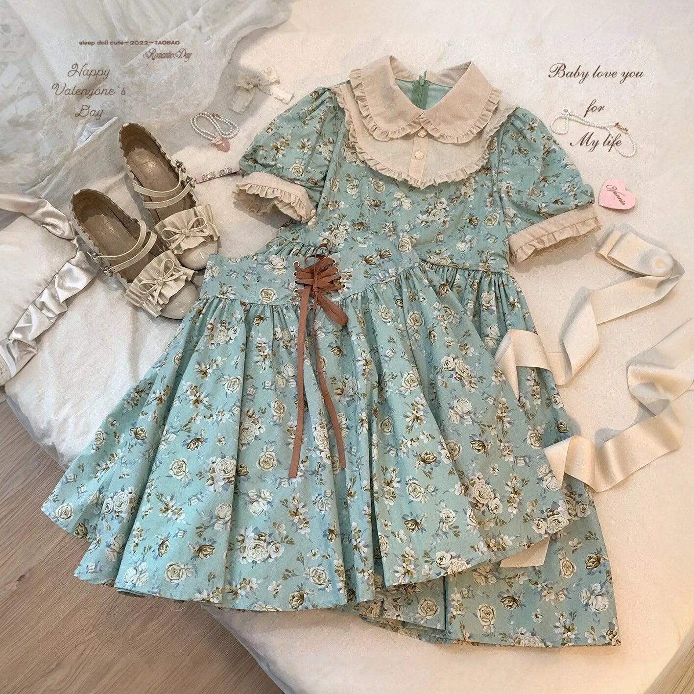 *sleepingdoll handmade* Kingfisher Garden Mint Rose Print Cotton Dress and Skirt Series