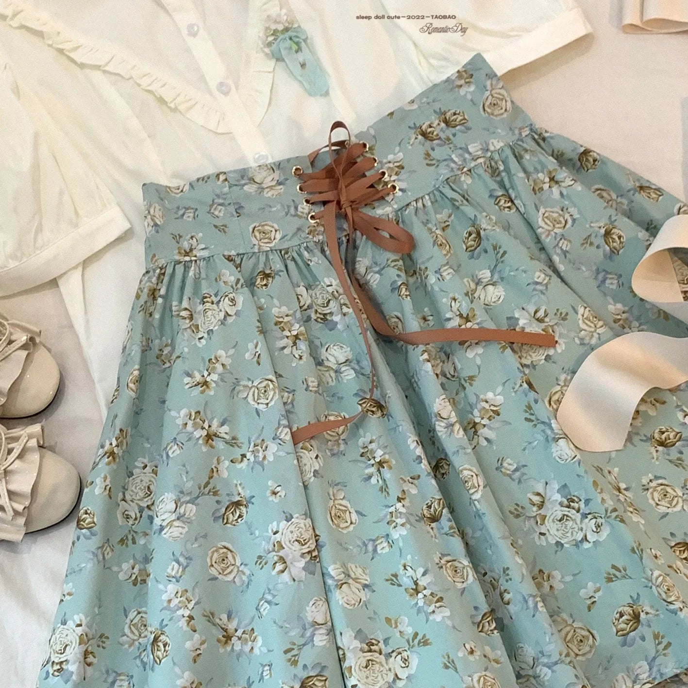 *sleepingdoll handmade* Kingfisher Garden Mint Rose Print Cotton Dress and Skirt Series