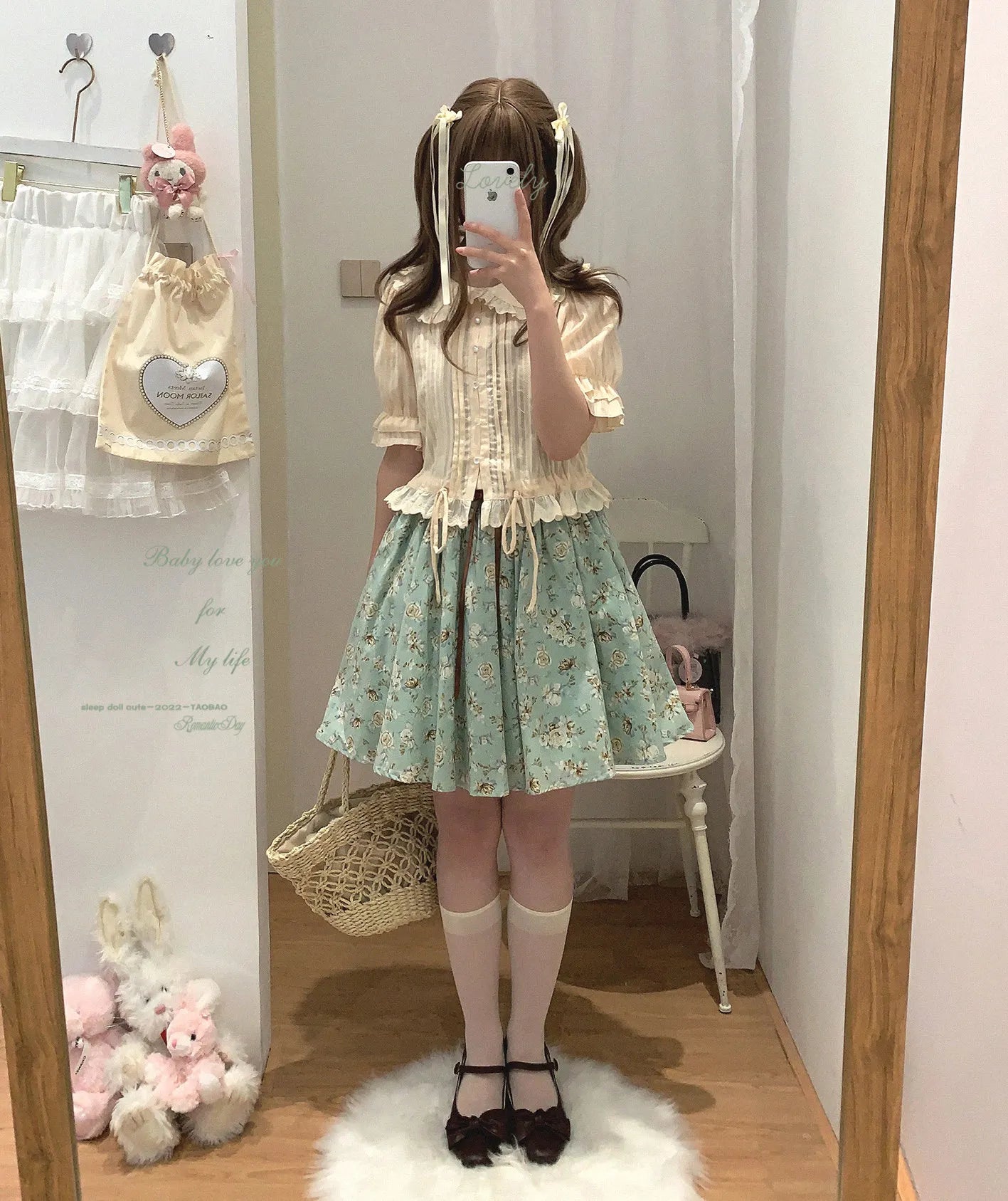 *sleepingdoll handmade* Kingfisher Garden Mint Rose Print Cotton Dress and Skirt Series