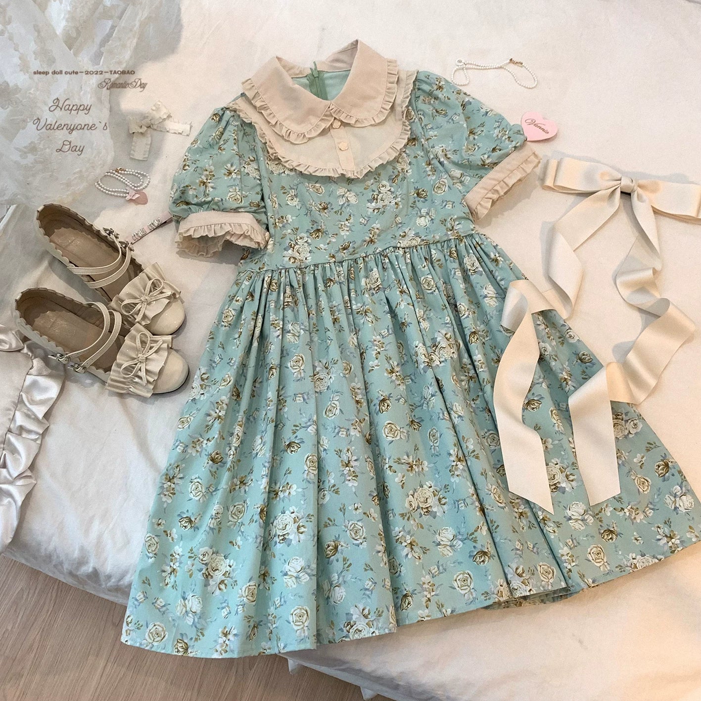 *sleepingdoll handmade* Kingfisher Garden Mint Rose Print Cotton Dress and Skirt Series