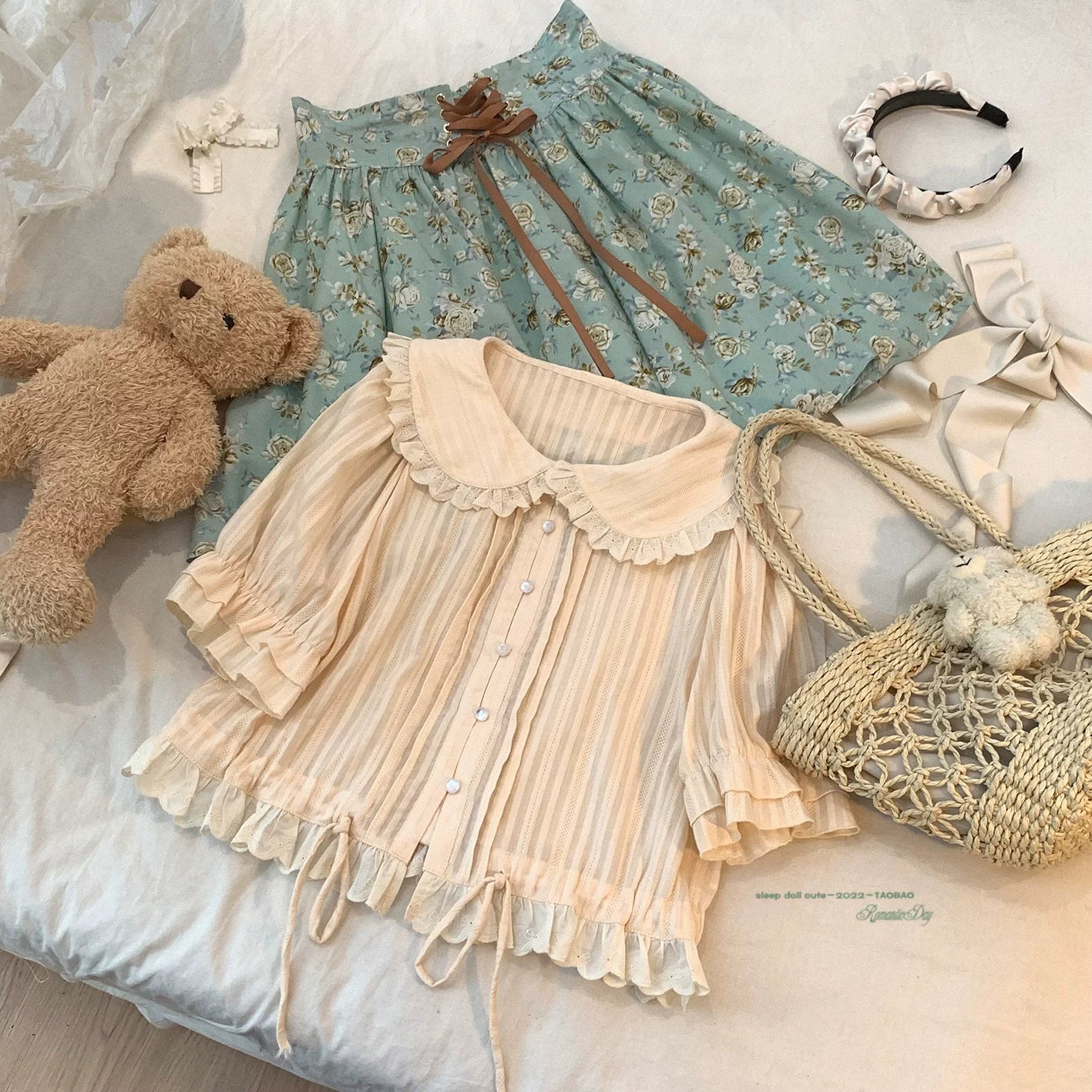 *sleepingdoll handmade* Kingfisher Garden Mint Rose Print Cotton Dress and Skirt Series