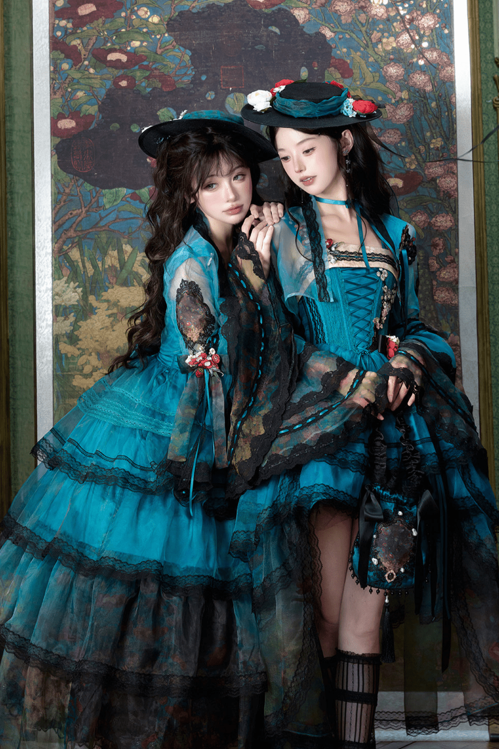 Misty New Dawn Peacock Blue Classic Lolita Long JSK Tea Party Set - LolitaEra