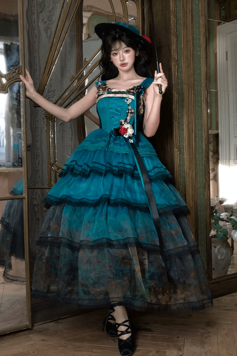 Misty New Dawn Peacock Blue Classic Lolita Long JSK Tea Party Set - LolitaEra