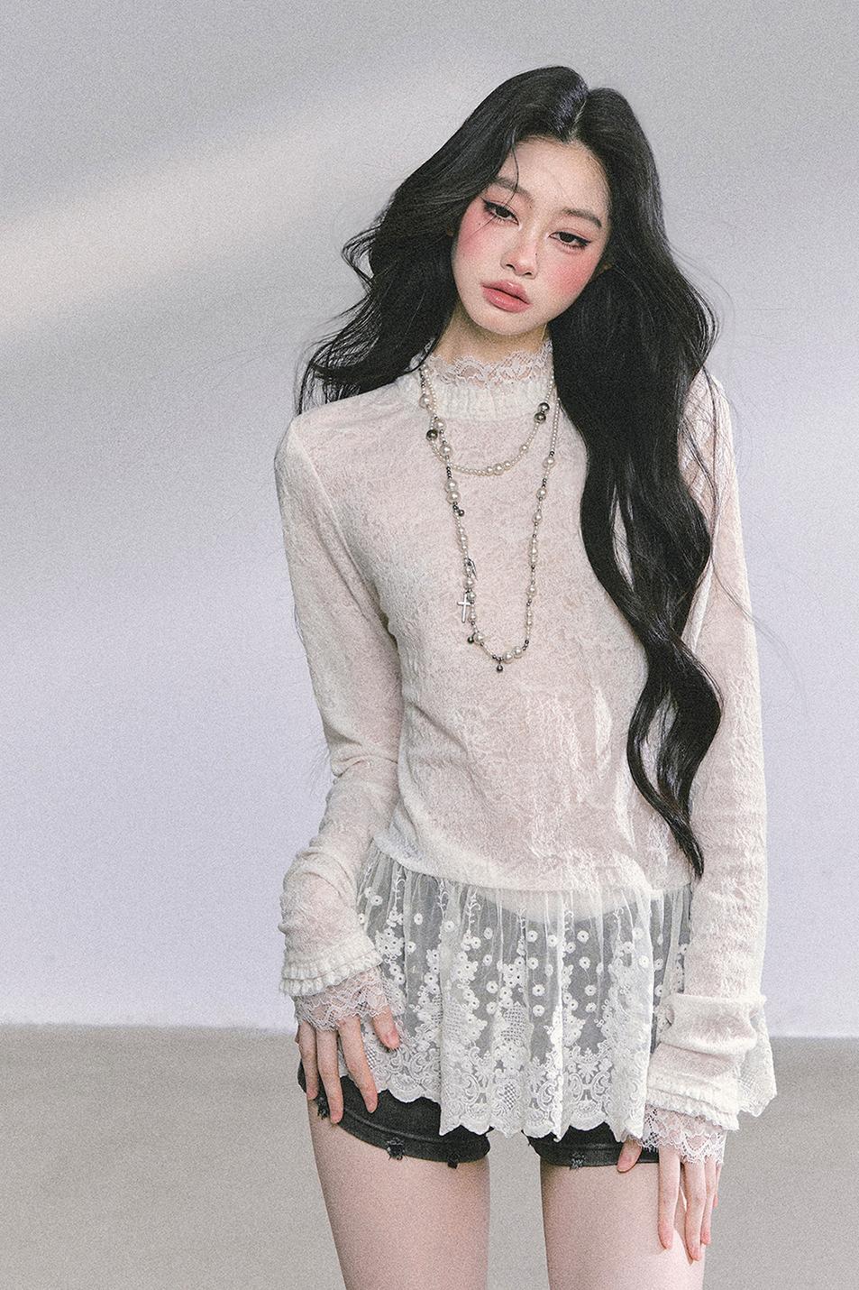 Mock Neck Hollow - out Long Sleeve Lightweight Top LE1172 - LolitaEraTopSMock Neck Hollow - out Long Sleeve Lightweight Top LE1172