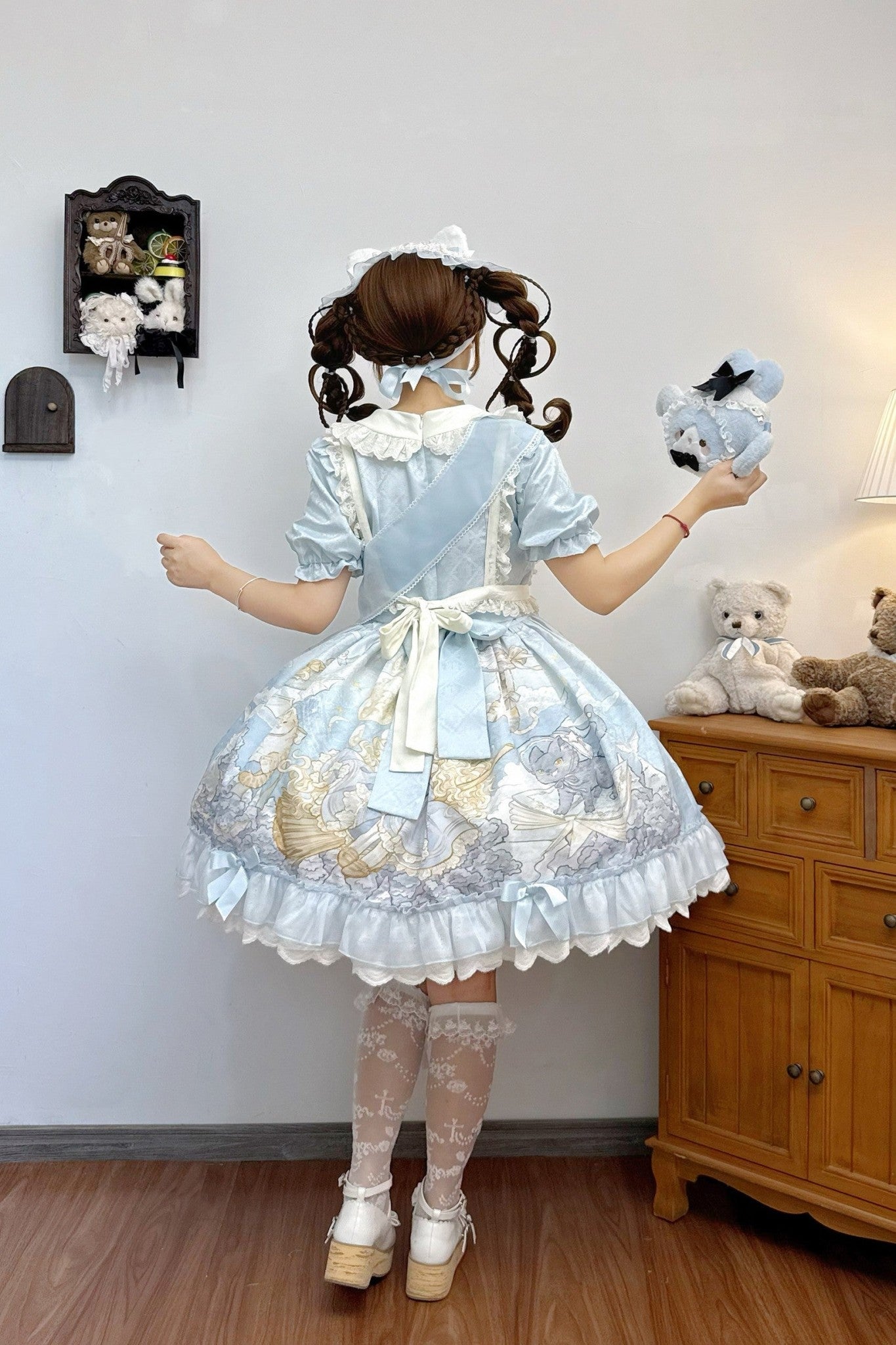 Moon Witch and Cat Storybook Print Doll-Style Lolita OP Dress - LolitaEra