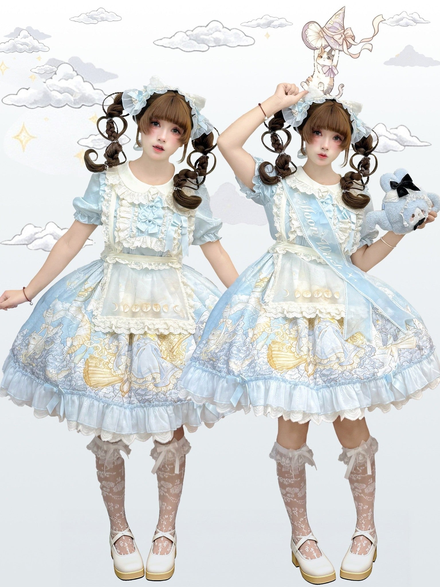 Moon Witch and Cat Storybook Print Doll-Style Lolita OP Dress - LolitaEra