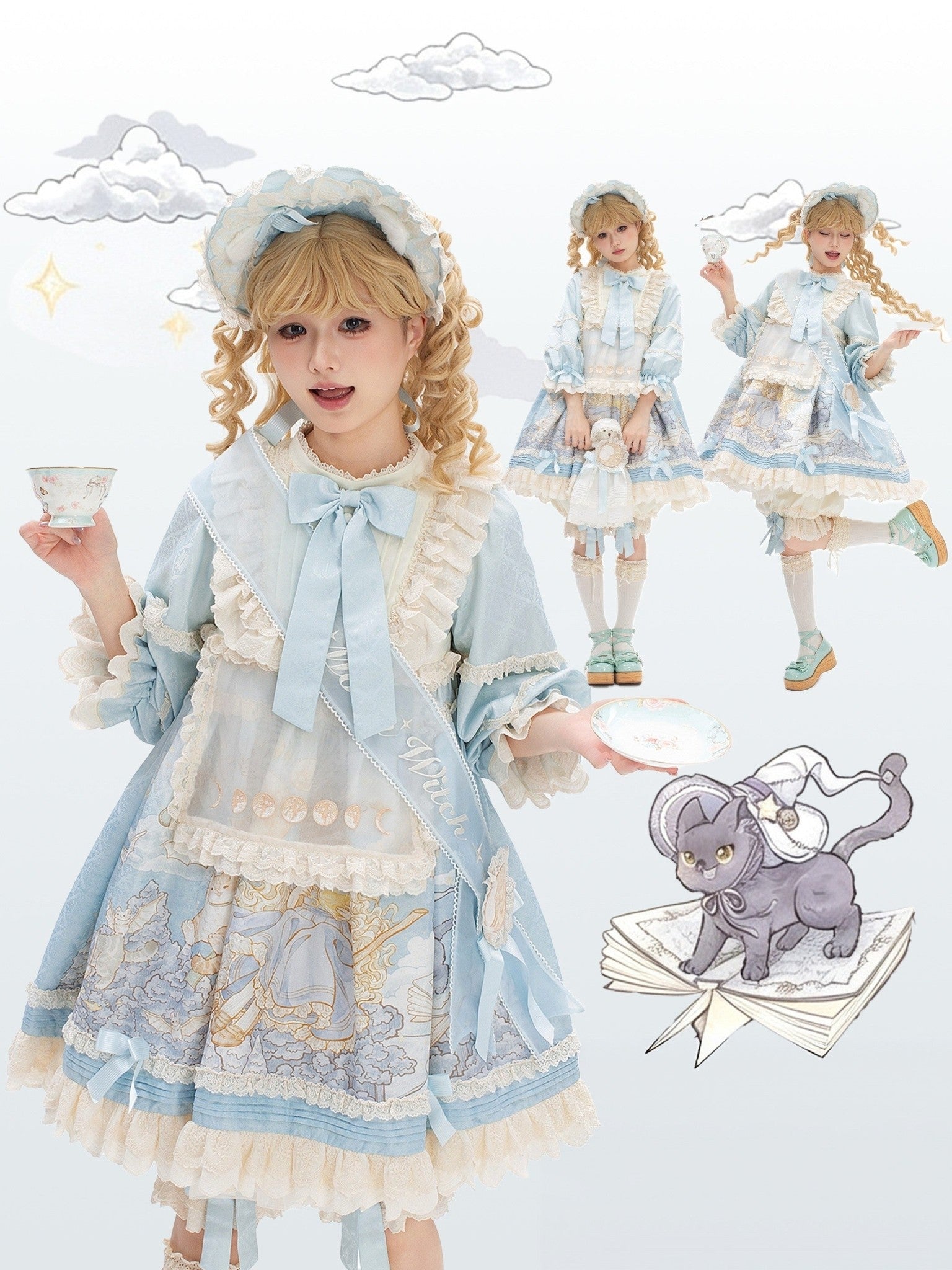 Moon Witch and Cat Storybook Print Doll-Style Lolita OP Dress - LolitaEra