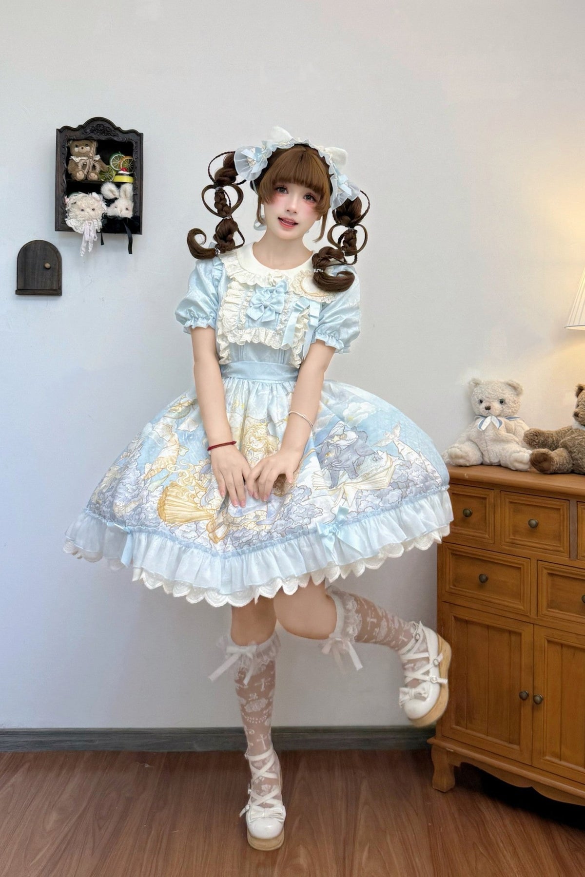 Moon Witch and Cat Storybook Print Doll-Style Lolita OP Dress - LolitaEra