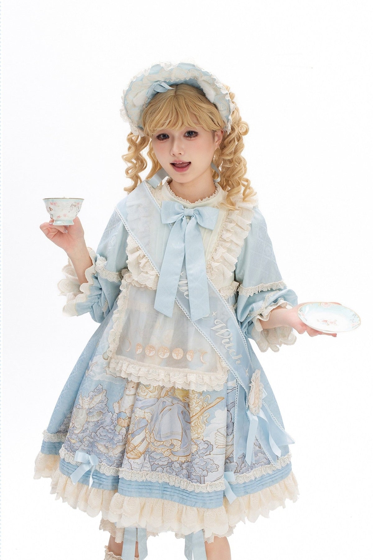 Moon Witch and Cat Storybook Print Doll-Style Lolita OP Dress - LolitaEra