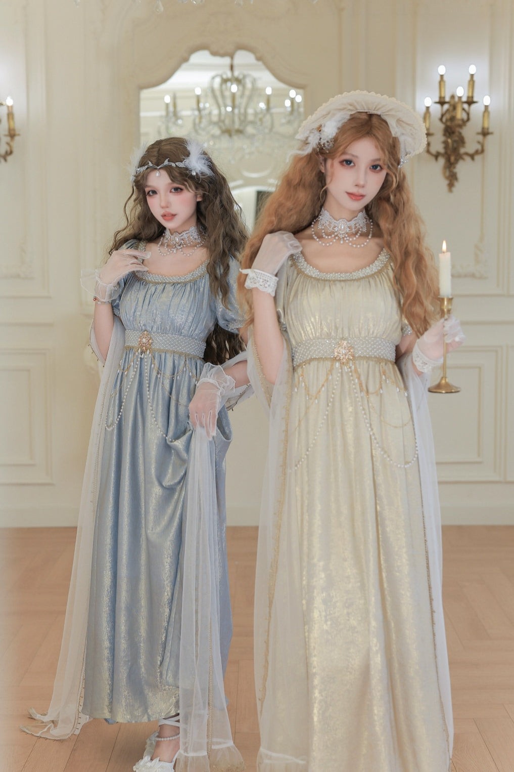 Moonlight Amber Champagne Blue French Regency Empire Waist Lolita OP Dress - LolitaEra