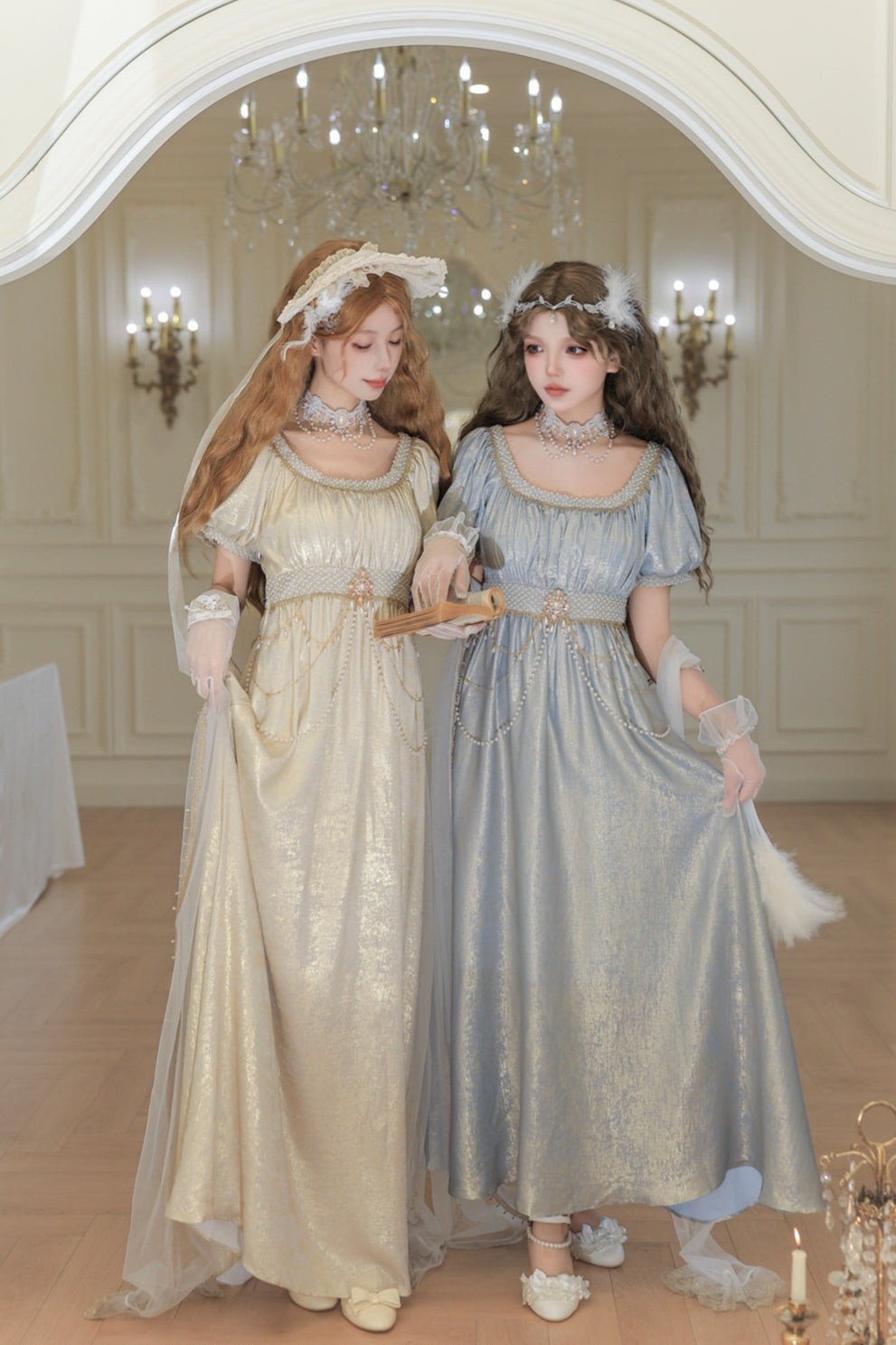 Moonlight Amber Champagne Blue French Regency Empire Waist Lolita OP Dress - LolitaEra