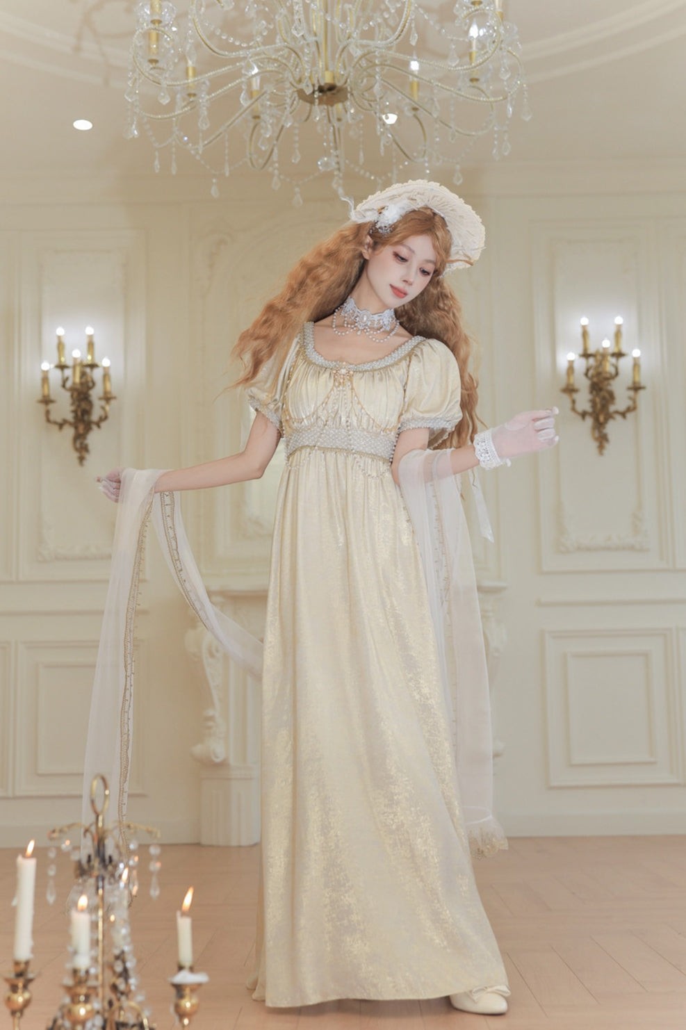 Moonlight Amber Champagne Blue French Regency Empire Waist Lolita OP Dress - LolitaEra