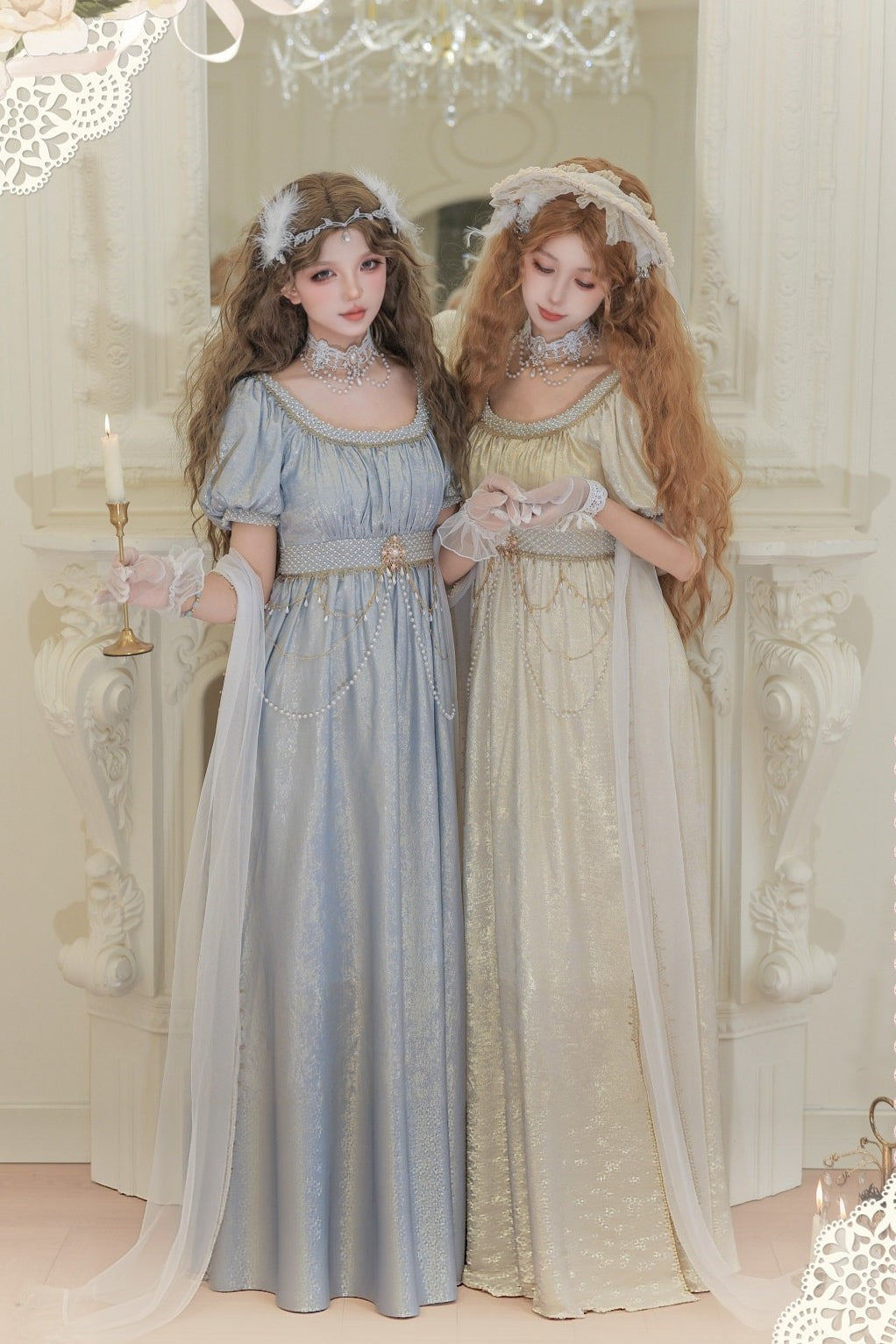 Moonlight Amber Champagne Blue French Regency Empire Waist Lolita OP Dress - LolitaEra