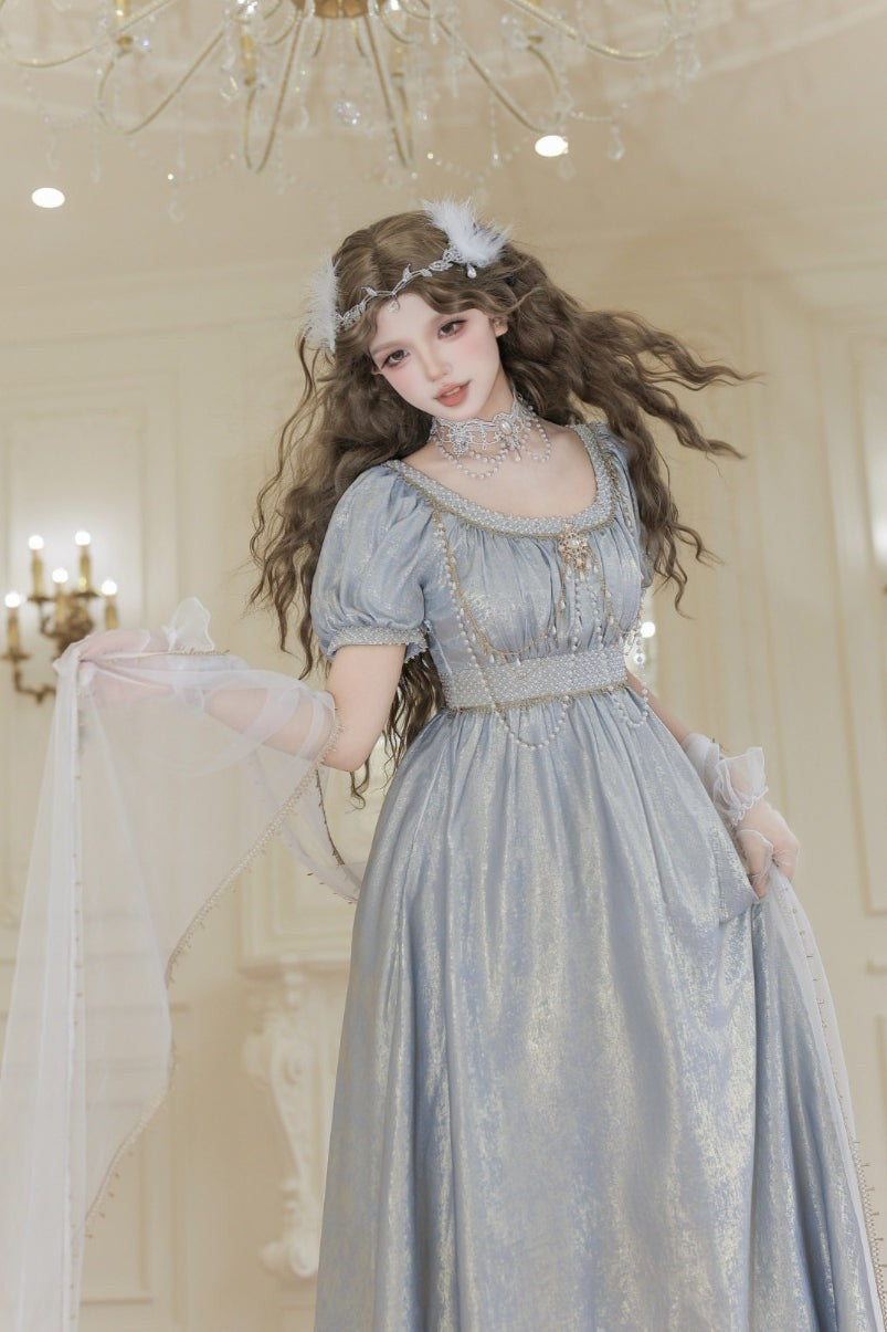 Moonlight Amber Champagne Blue French Regency Empire Waist Lolita OP Dress - LolitaEra