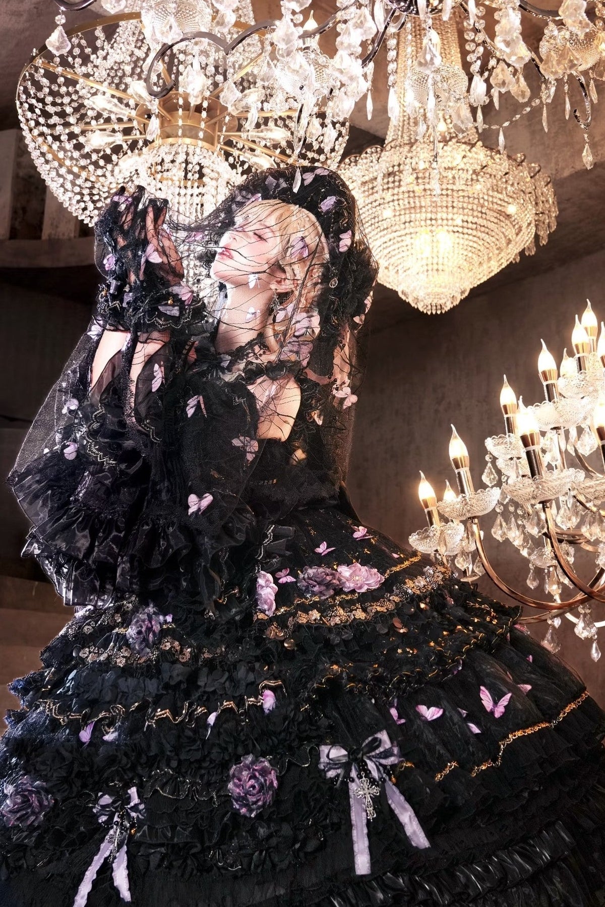 Moonlit Butterfly Dance Black Tiered Gothic Lolita JSK Dress Set - LolitaEra