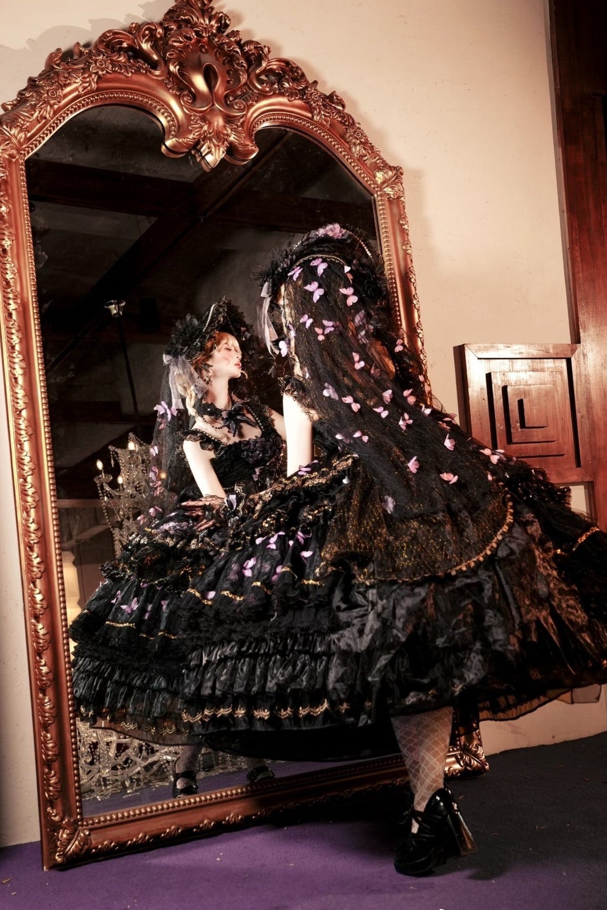 Moonlit Butterfly Dance Black Tiered Gothic Lolita JSK Dress Set - LolitaEra