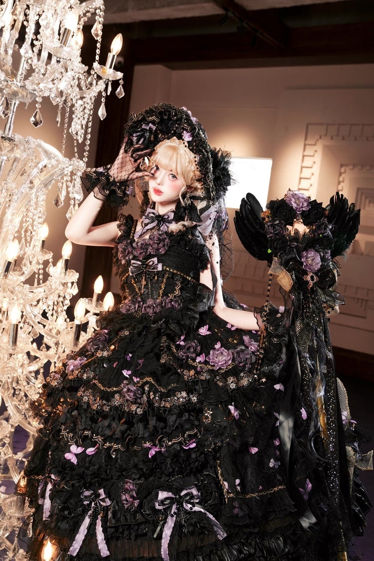 Moonlit Butterfly Dance Black Tiered Gothic Lolita JSK Dress Set - LolitaEra