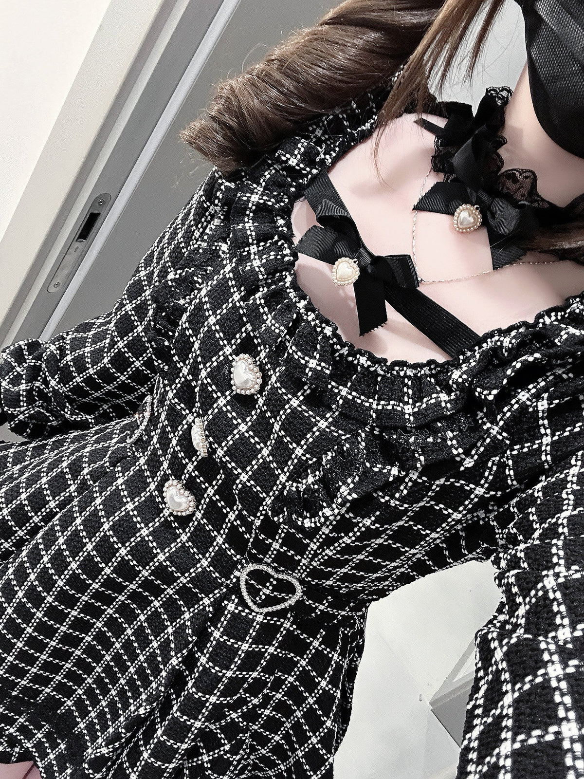 Night Dream Black Houndstooth Plaid Lolita Jirai Kei Dress Set - LolitaEra