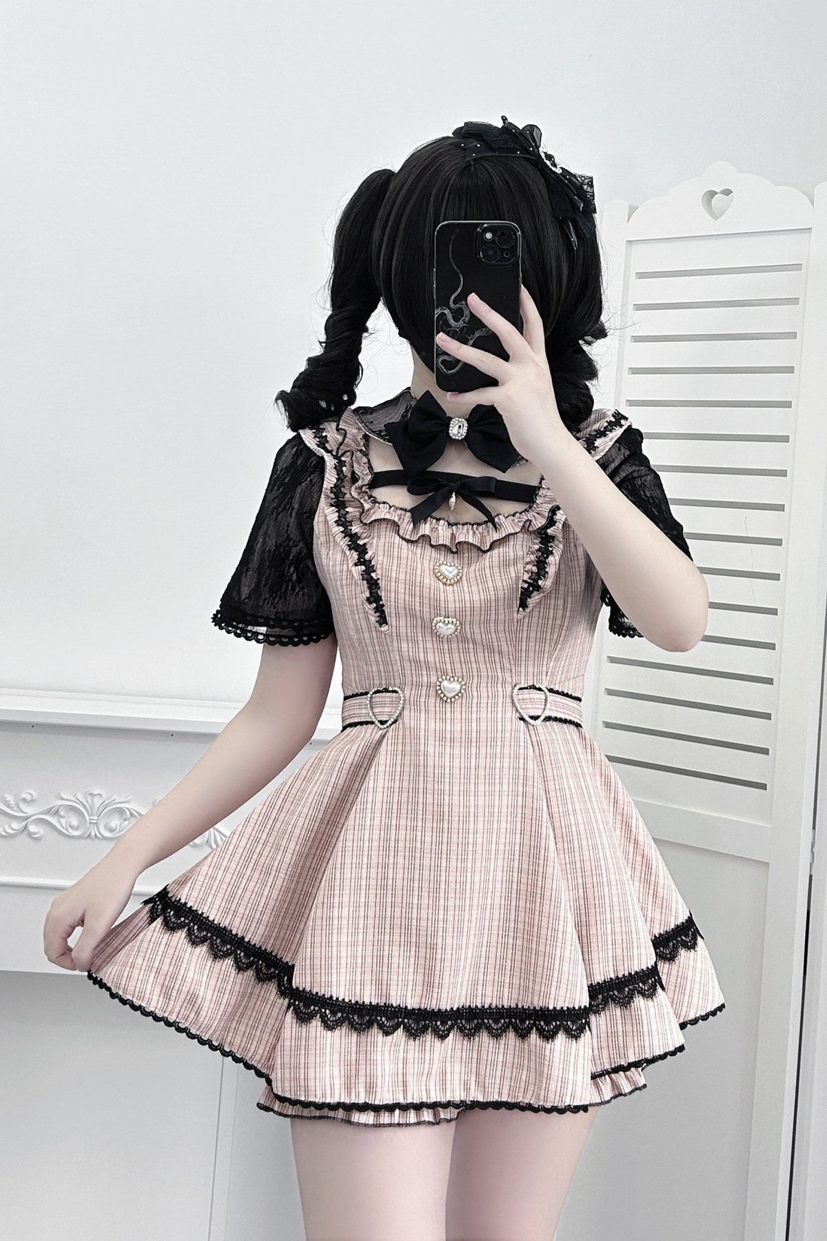 Night Dream Black Houndstooth Plaid Lolita Jirai Kei Dress Set - LolitaEra