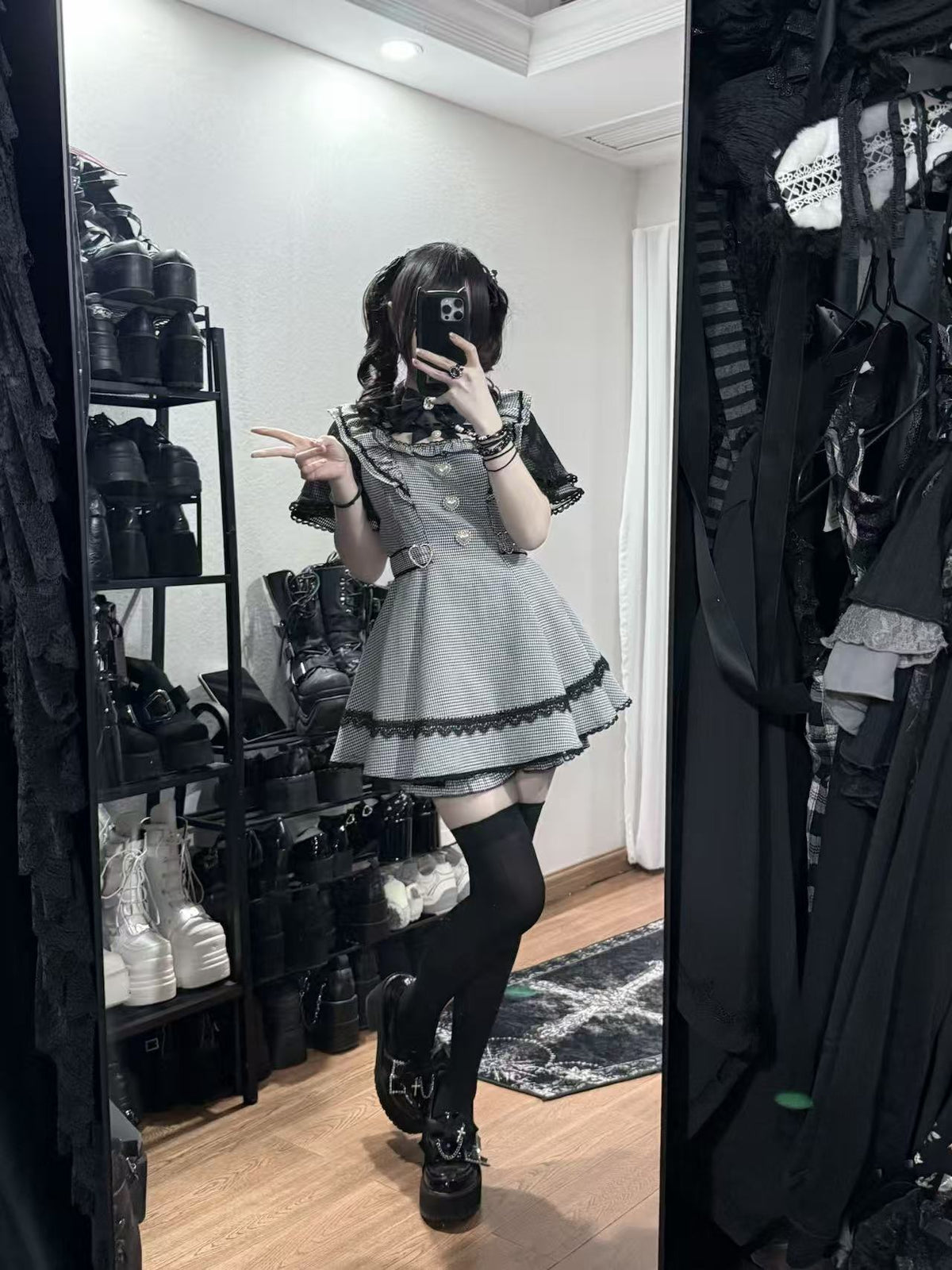 Night Dream Black Houndstooth Plaid Lolita Jirai Kei Dress Set - LolitaEra