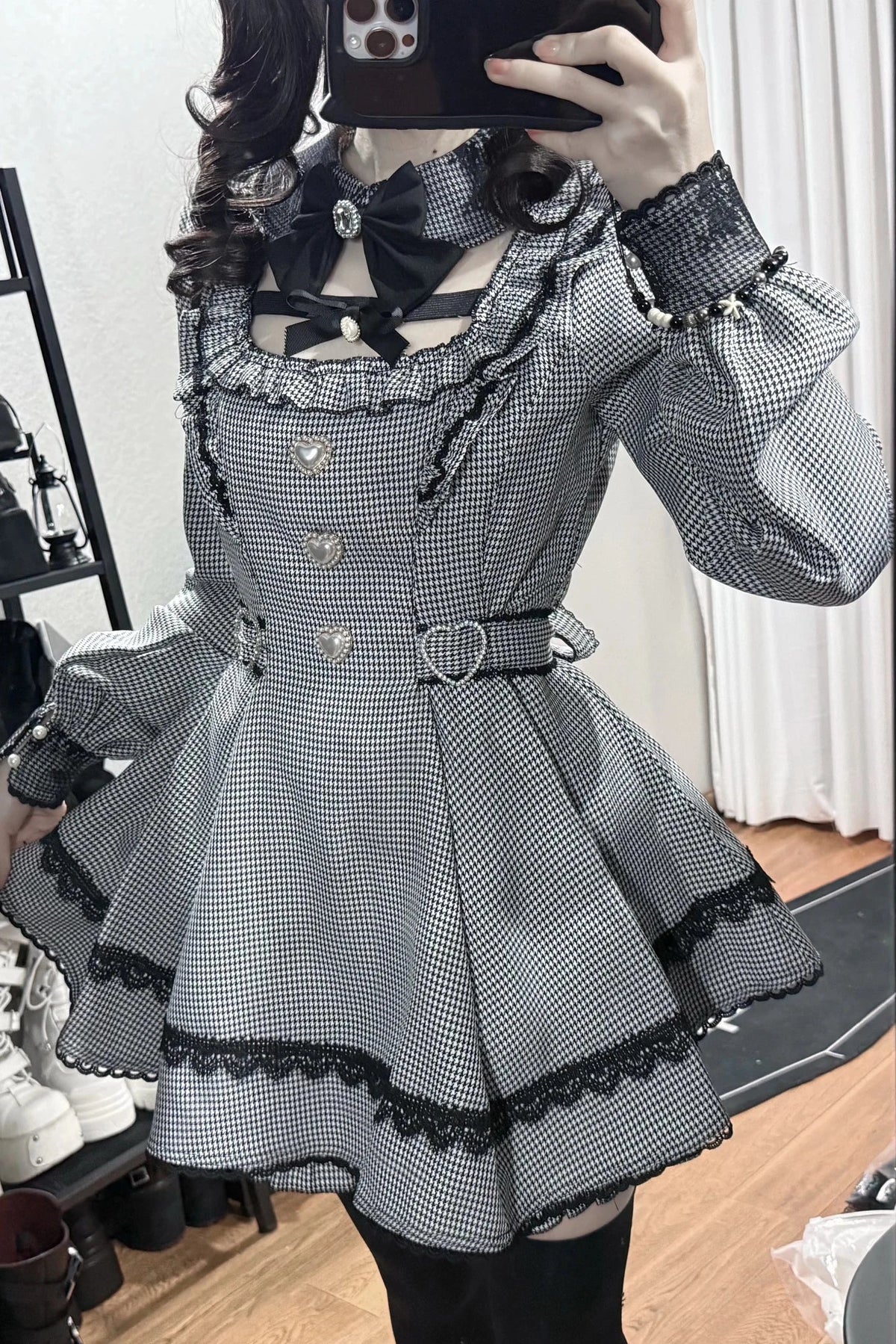 Night Dream Black Houndstooth Plaid Lolita Jirai Kei Dress Set - LolitaEra
