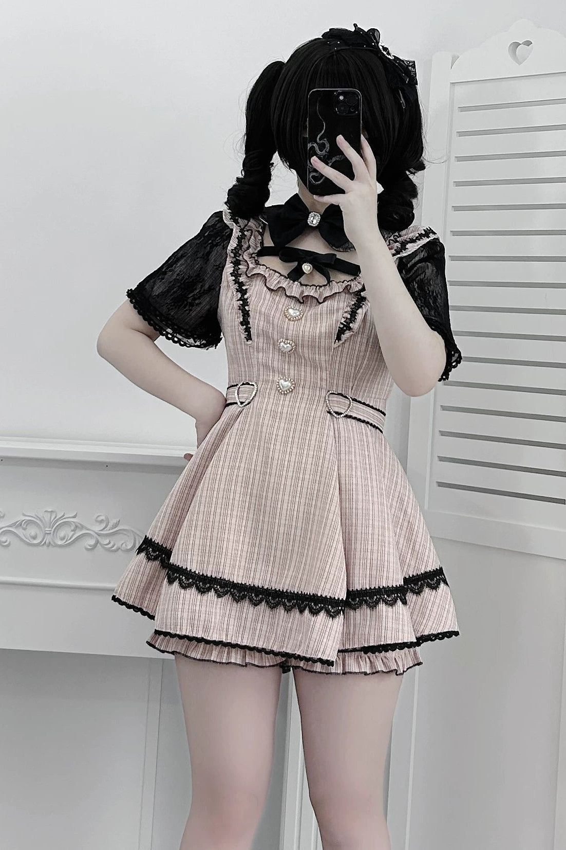 Night Dream Black Houndstooth Plaid Lolita Jirai Kei Dress Set - LolitaEra