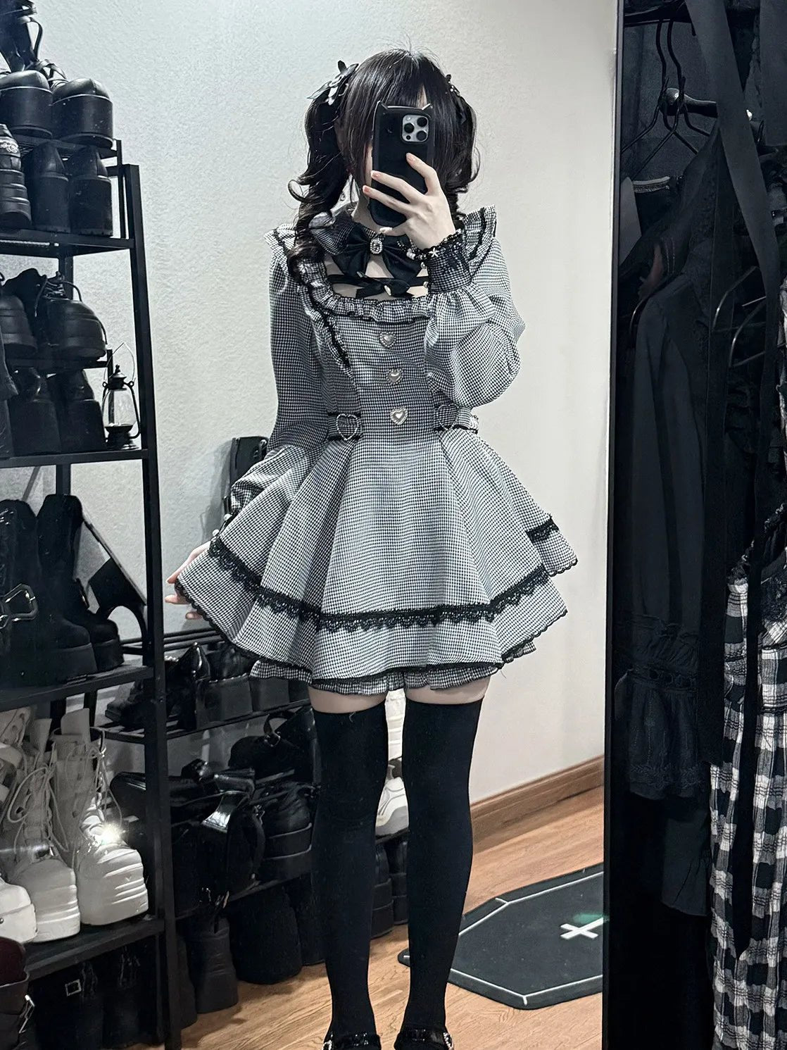 Night Dream Black Houndstooth Plaid Lolita Jirai Kei Dress Set - LolitaEra