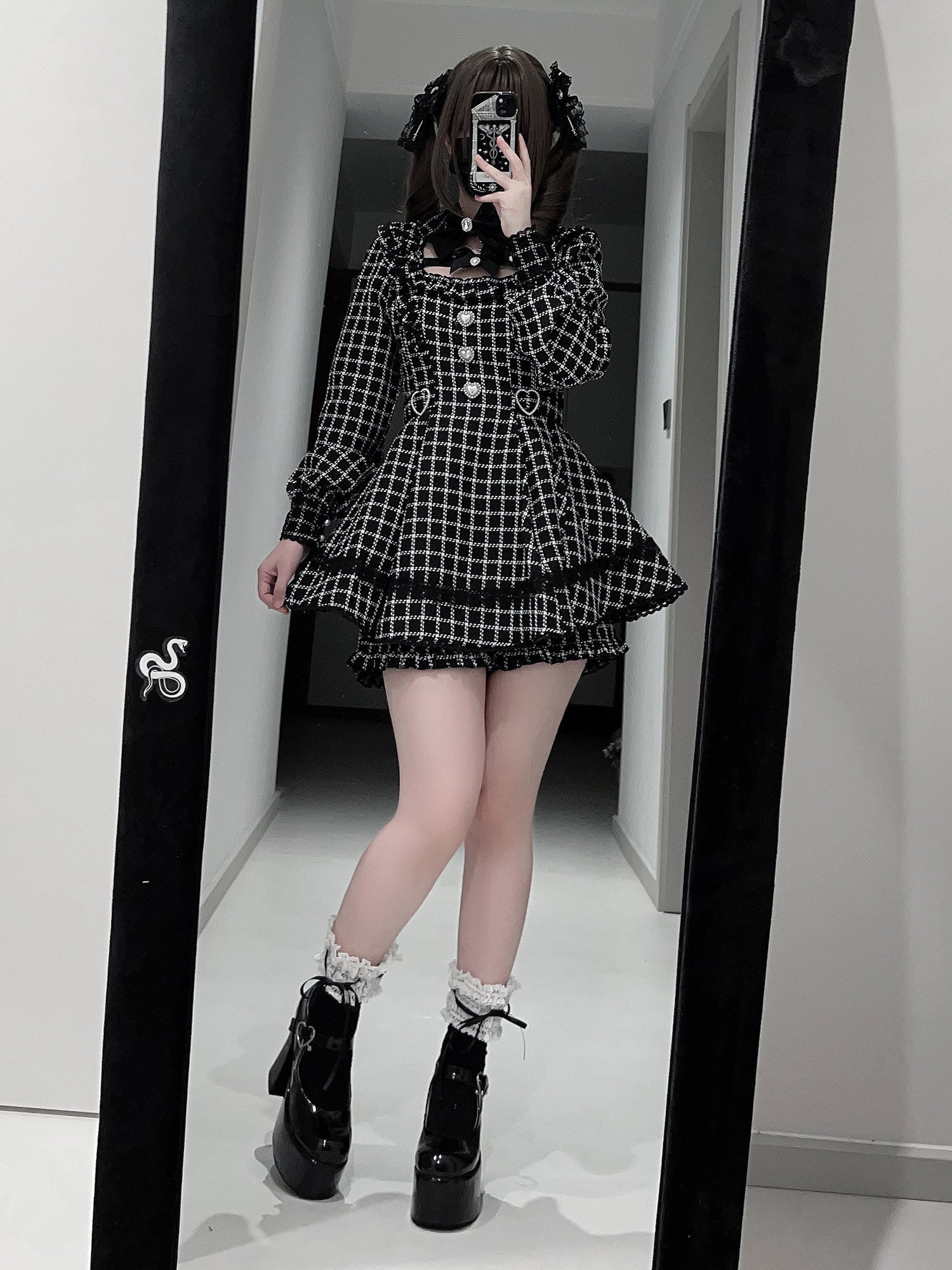 Night Dream Black Houndstooth Plaid Lolita Jirai Kei Dress Set - LolitaEra