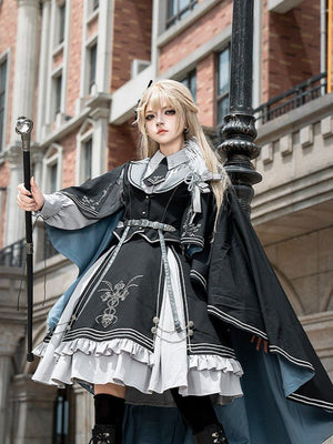 Night Pact Blue Military Lolita OP Dress - LolitaEraSK Skirt + Blouse + Vest + Belt + Tie)SNight Pact Blue Military Lolita OP Dress